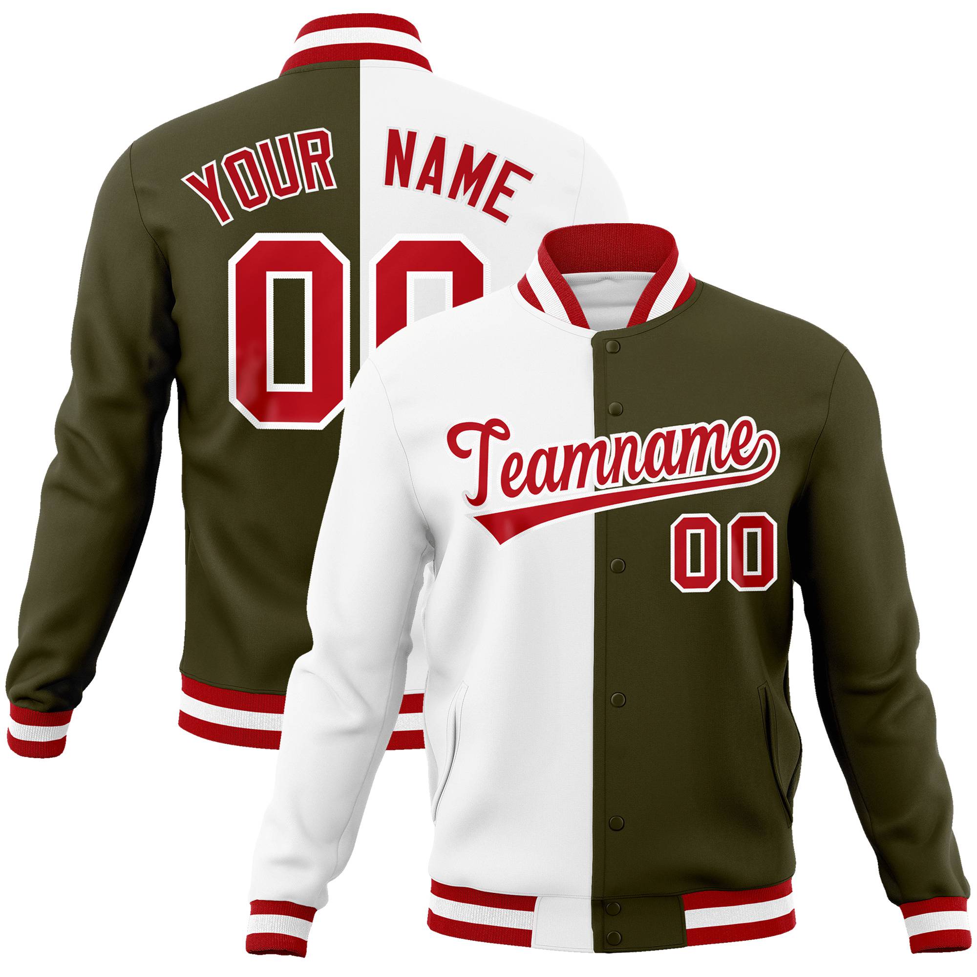 Custom White Olive Red Bomber Full-Snap Varsity Letterman Split Fashion Jacket