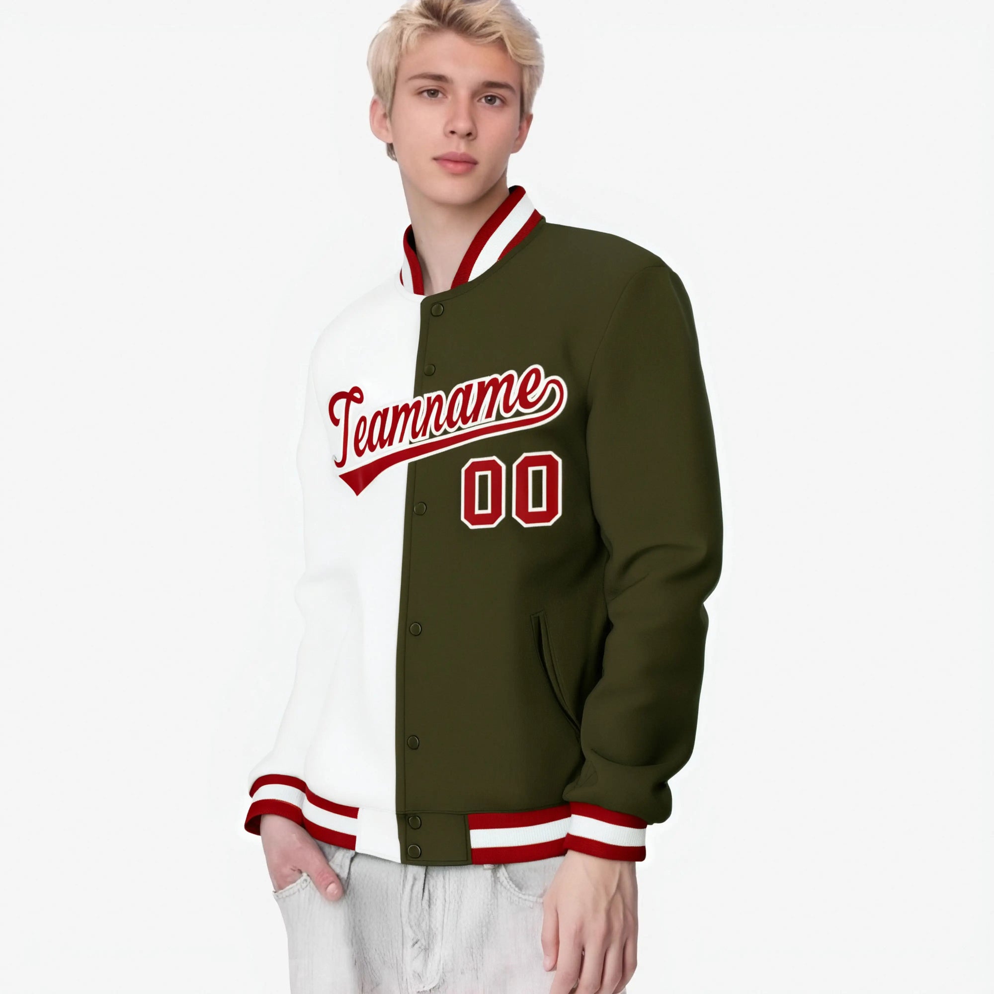 Custom White Olive Red Bomber Full-Snap Varsity Letterman Split Fashion Jacket