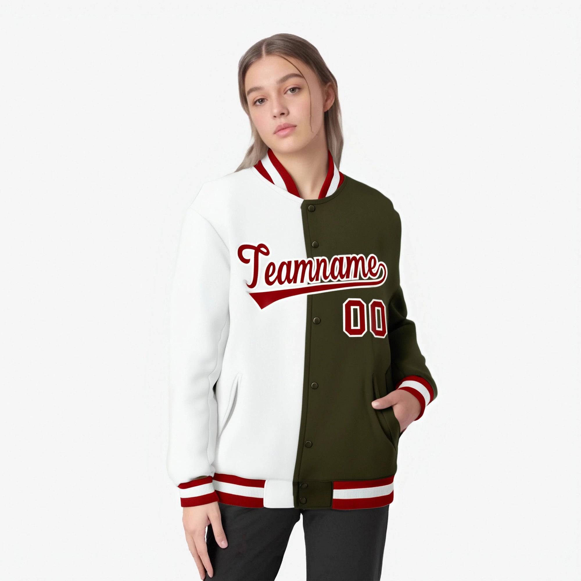 Custom White Olive Red Bomber Full-Snap Varsity Letterman Split Fashion Jacket