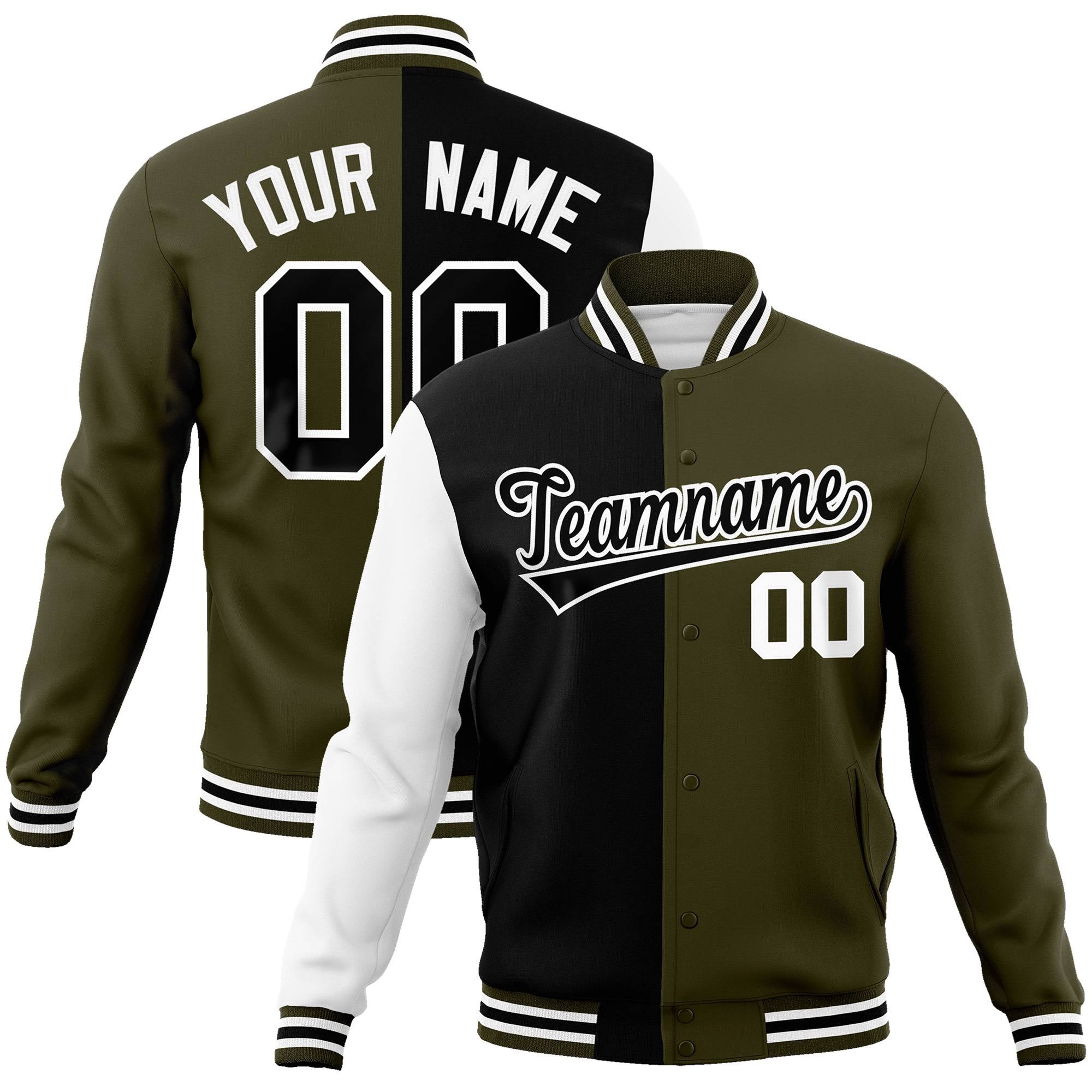 Custom Black Olive White Bomber Full-Snap Varsity Letterman Split Fashion Jacket