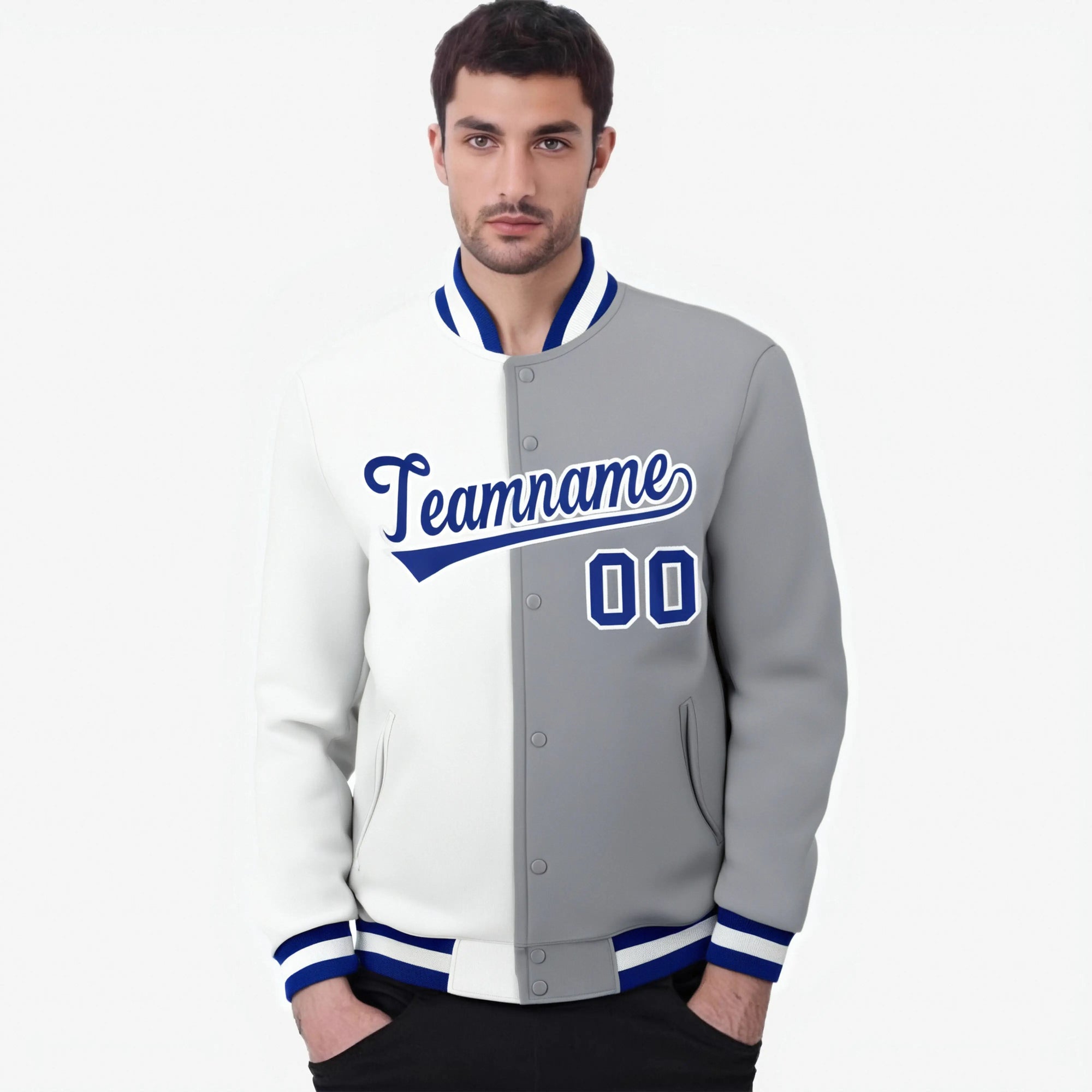 Custom White Gray Blue Bomber Full-Snap Varsity Letterman Split Fashion Jacket