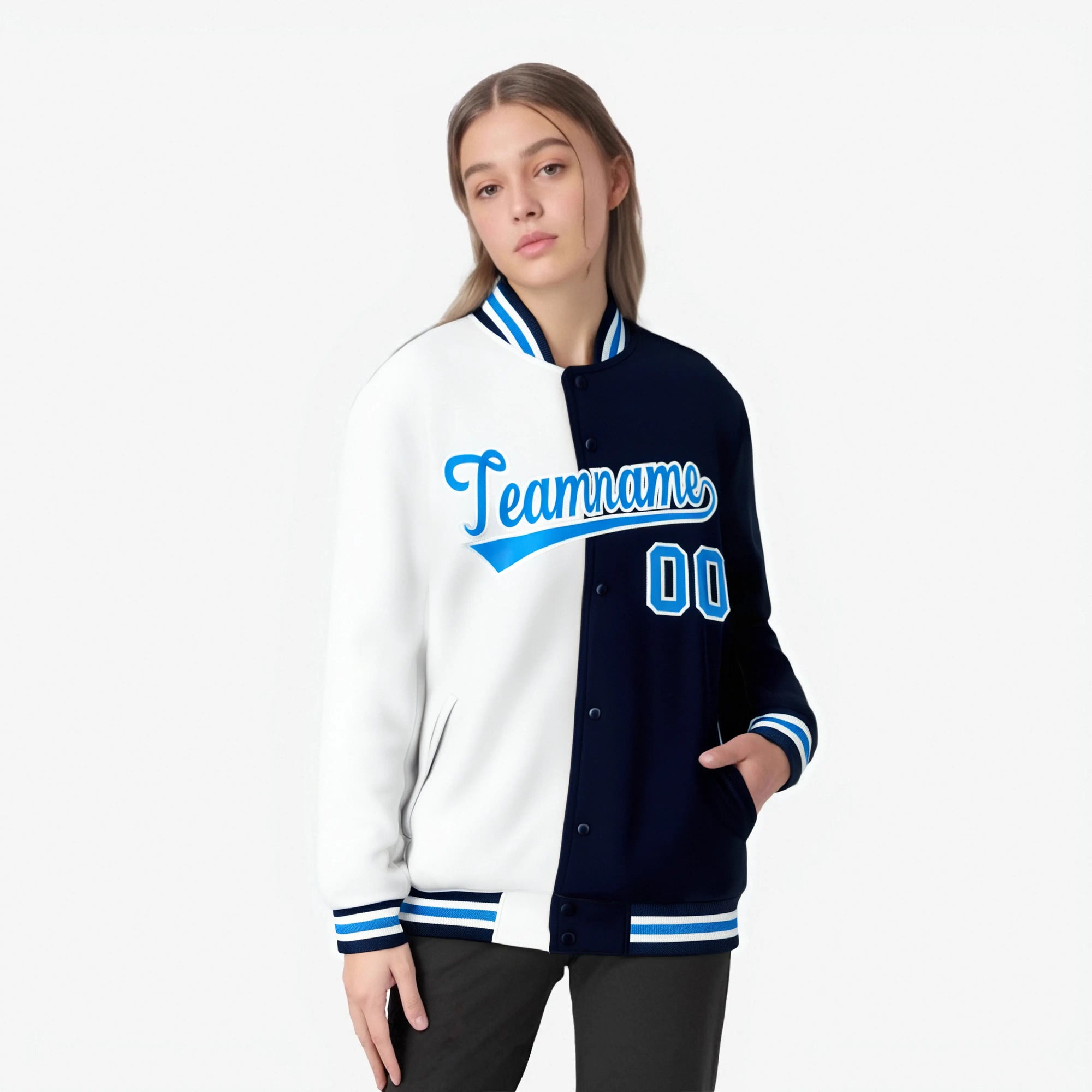 Custom White Navy Light-Blue Bomber Full-Snap Varsity Letterman Split Fashion Jacket