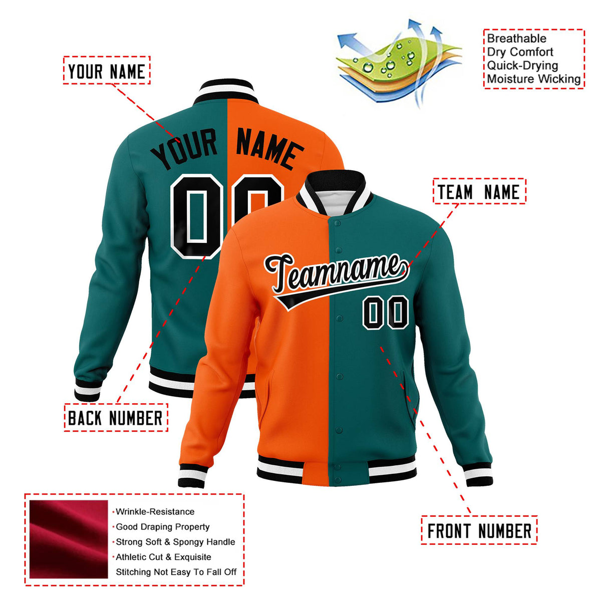 Custom Orange Aqua Black-White Bomber Full-Snap Varsity Letterman Split Fashion Jacket