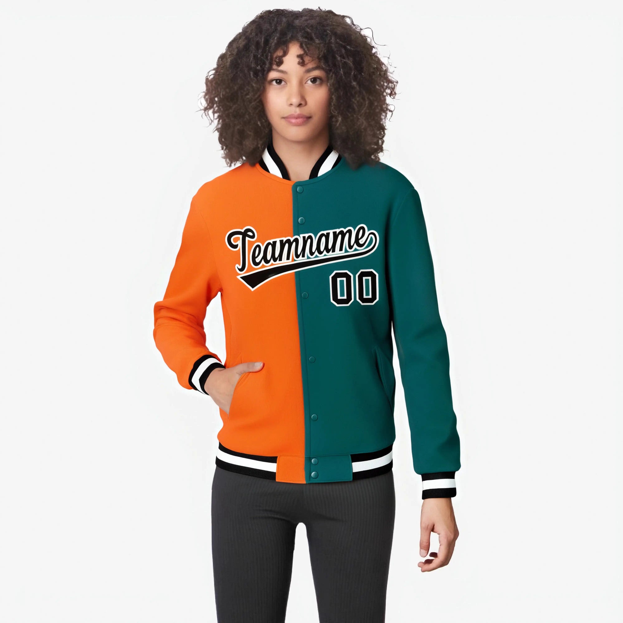 Custom Orange Aqua Black-White Bomber Full-Snap Varsity Letterman Split Fashion Jacket