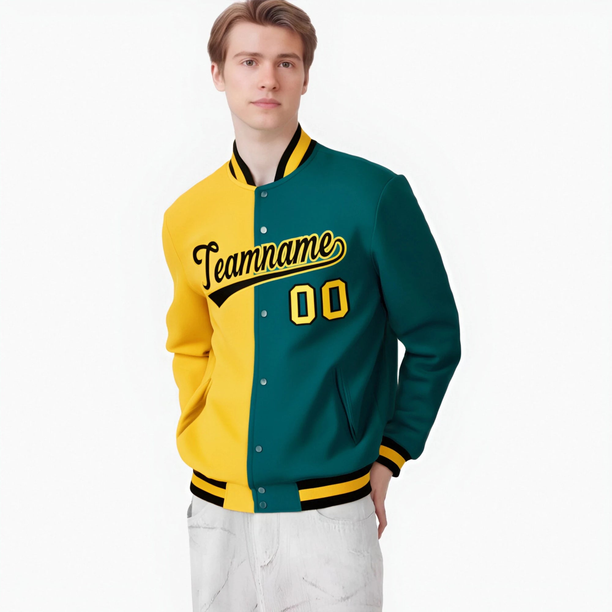 Custom Yellow Aqua Black Bomber Full-Snap Varsity Letterman Split Fashion Jacket