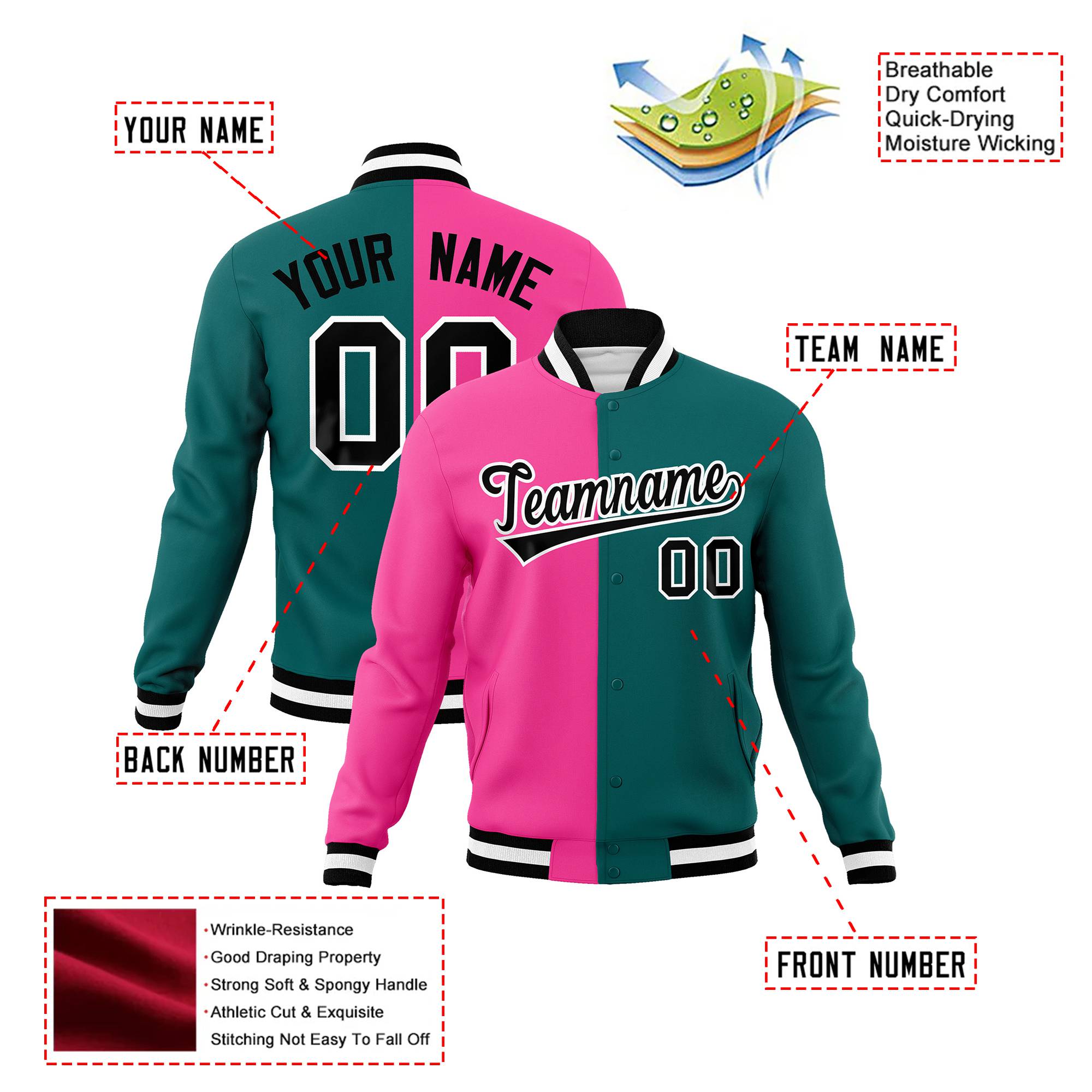 Custom Pink Aqua Black Bomber Full-Snap Varsity Letterman Split Fashion Jacket