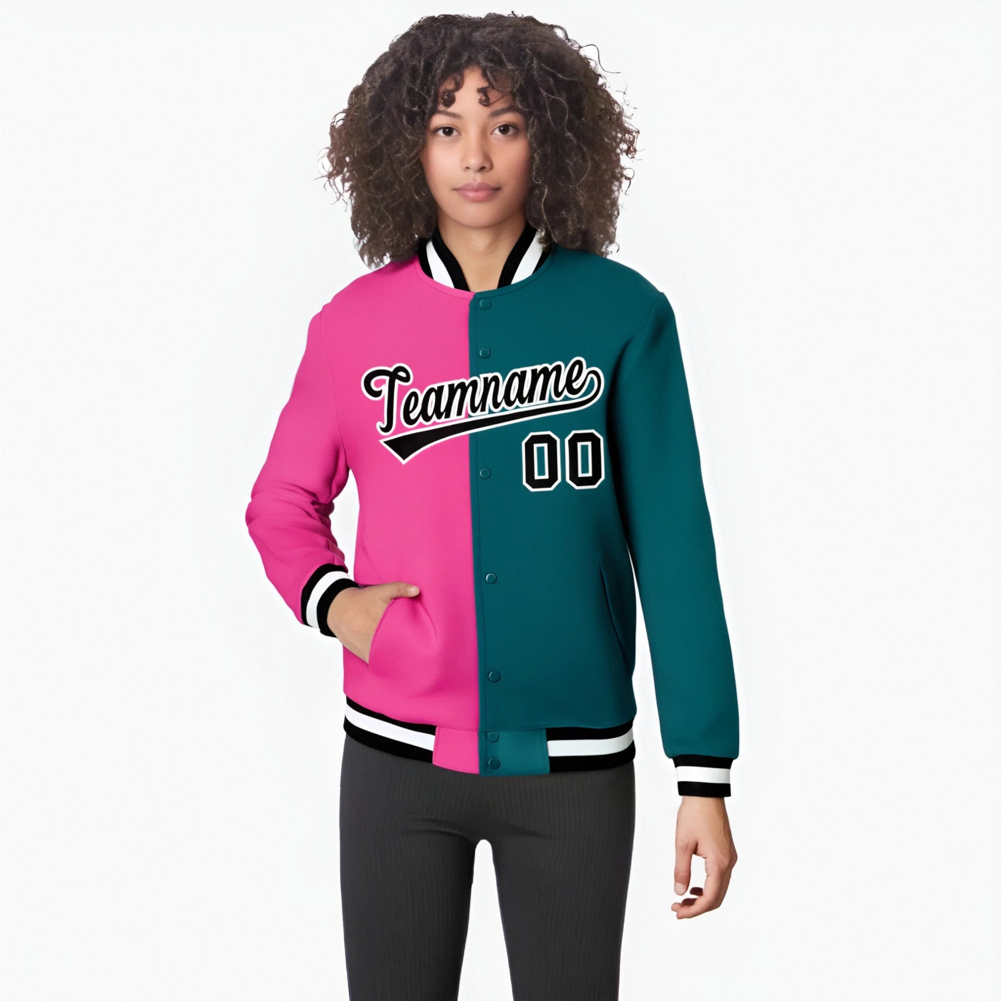 Custom Pink Aqua Black Bomber Full-Snap Varsity Letterman Split Fashion Jacket