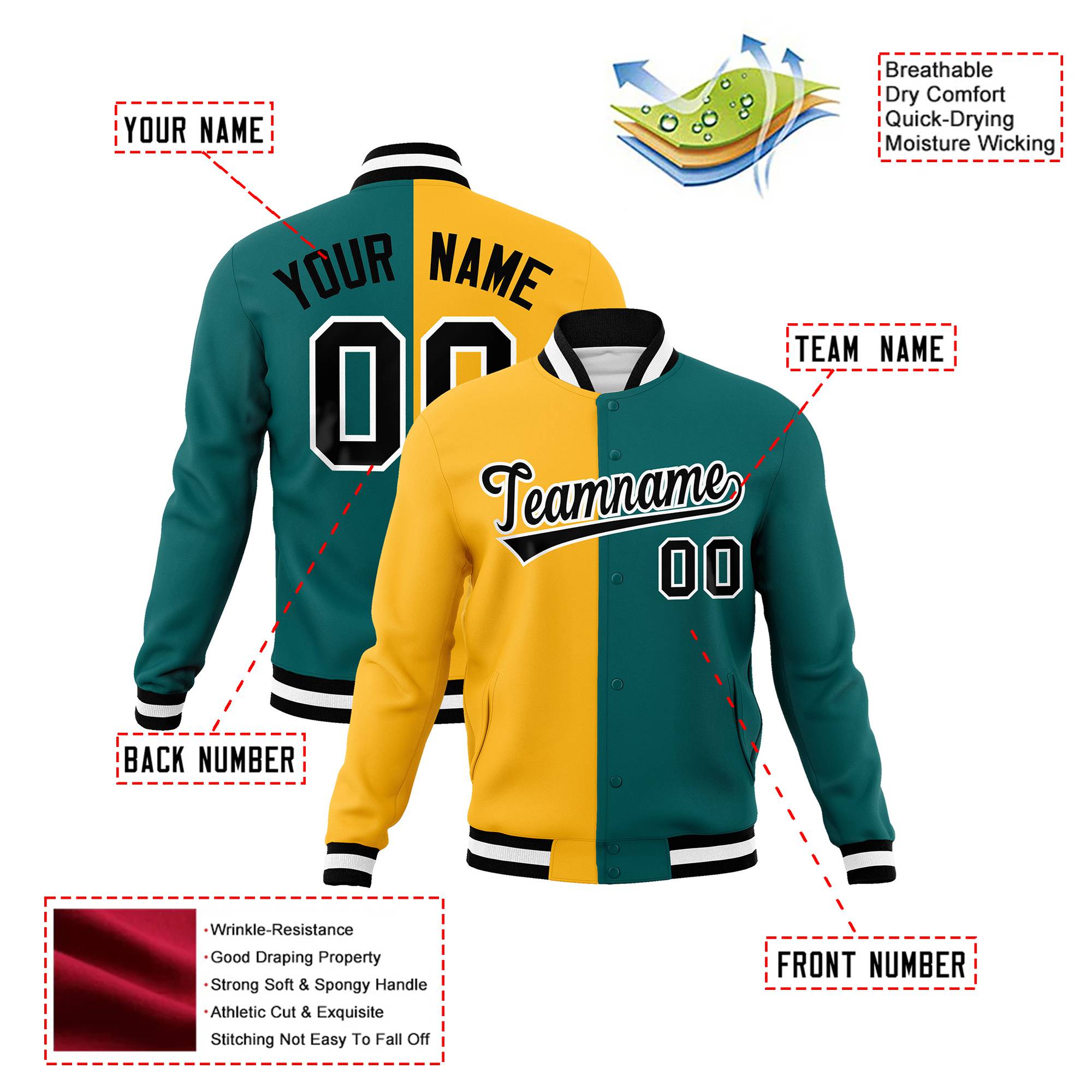 Custom Yellow Aqua Black Bomber Full-Snap Varsity Letterman Split Fashion Jacket