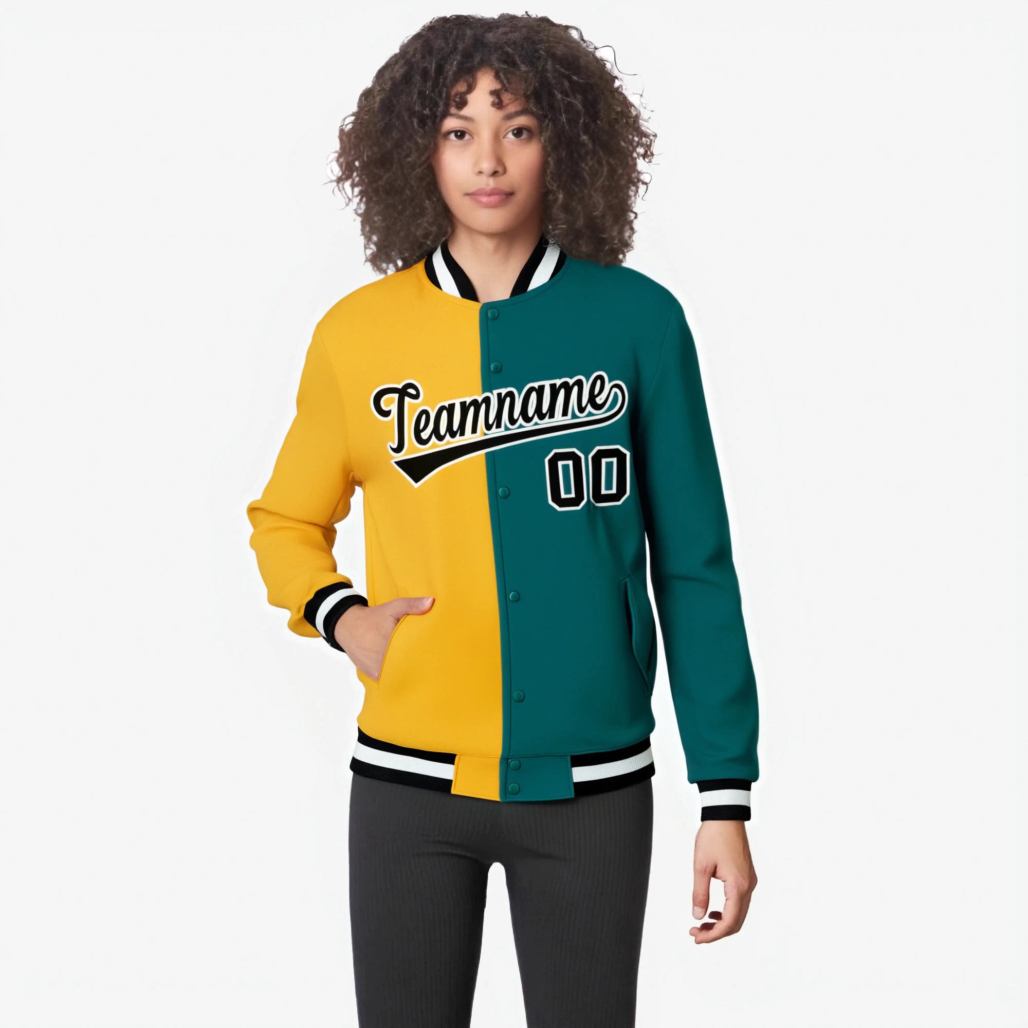 Custom Yellow Aqua Black Bomber Full-Snap Varsity Letterman Split Fashion Jacket