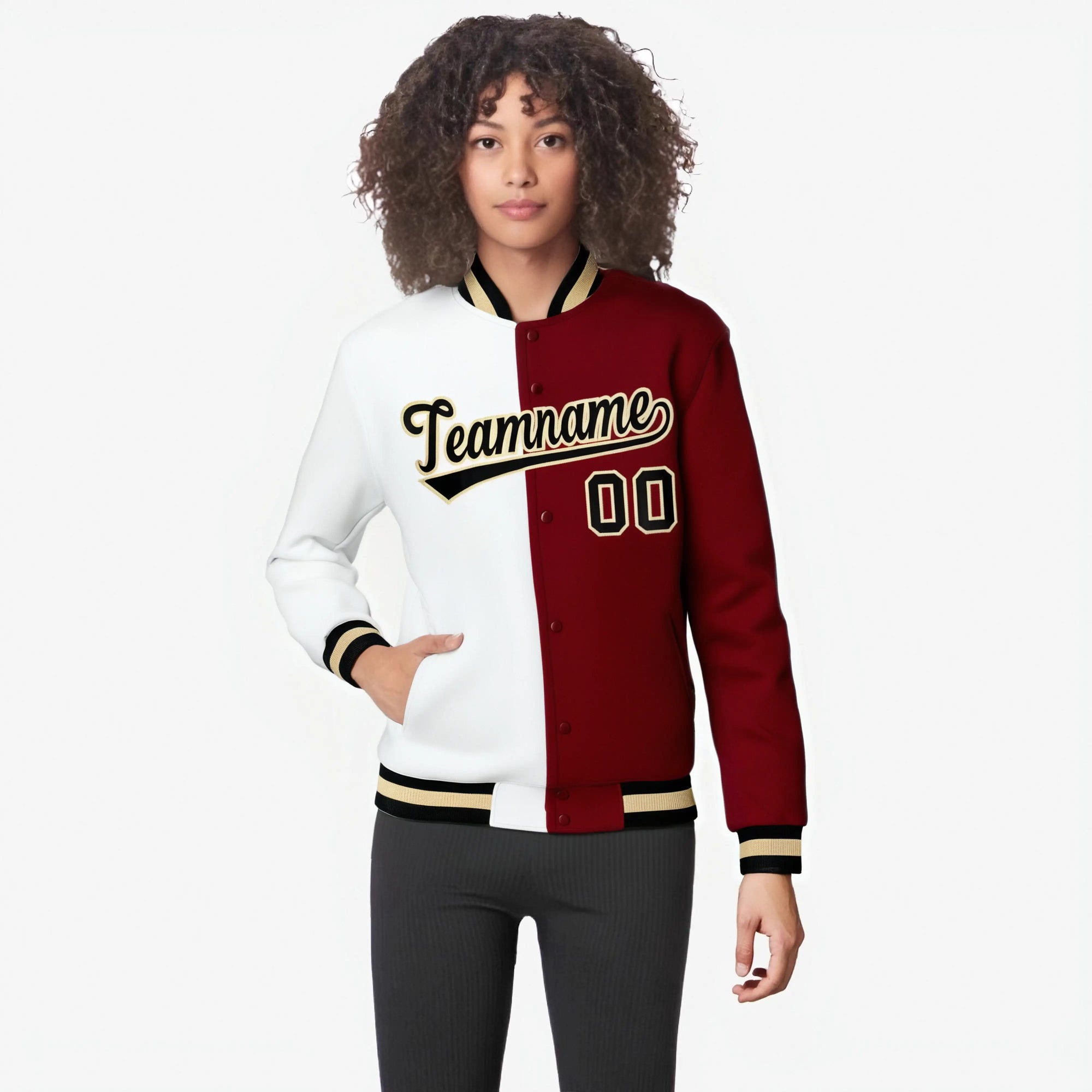 Custom White Burgundy Black-Gold Bomber Full-Snap Varsity Letterman Split Fashion Jacket