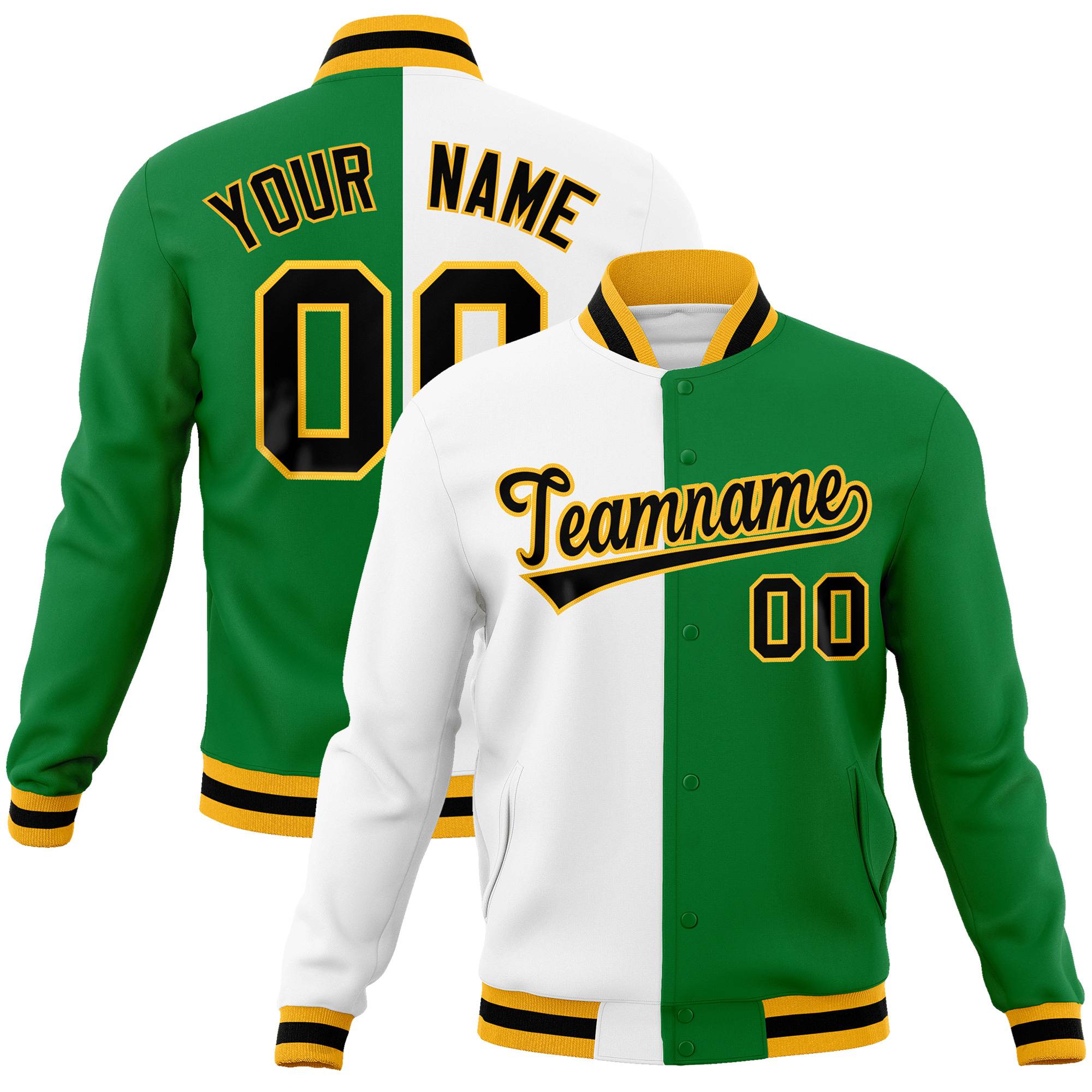 Custom White Neon-Green Black-Gold Bomber Full-Snap Varsity Letterman Split Fashion Jacket