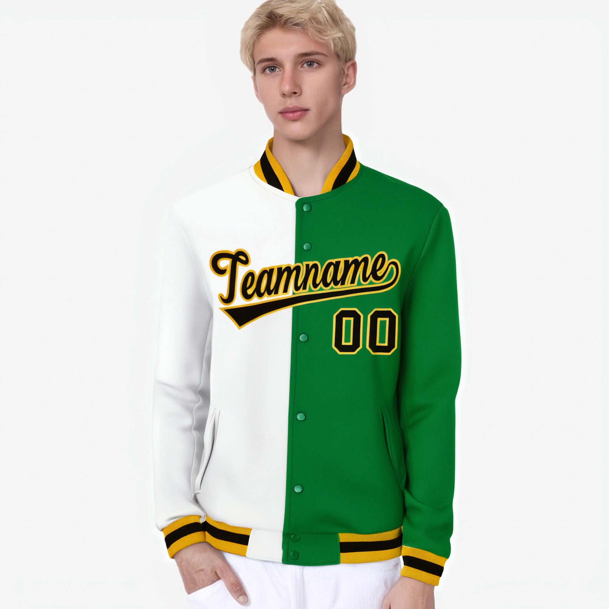 Custom White Neon-Green Black-Gold Bomber Full-Snap Varsity Letterman Split Fashion Jacket