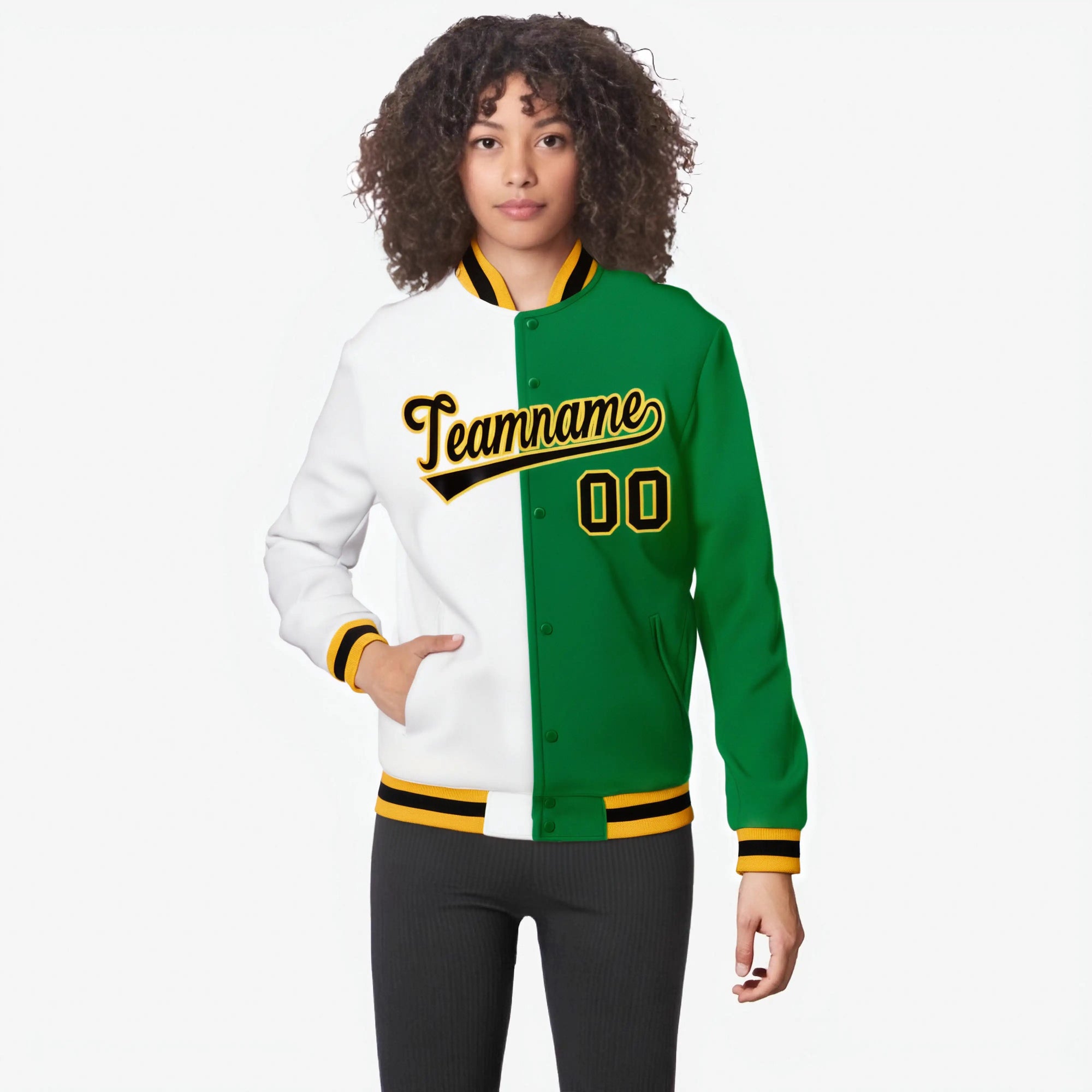 Custom White Neon-Green Black-Gold Bomber Full-Snap Varsity Letterman Split Fashion Jacket