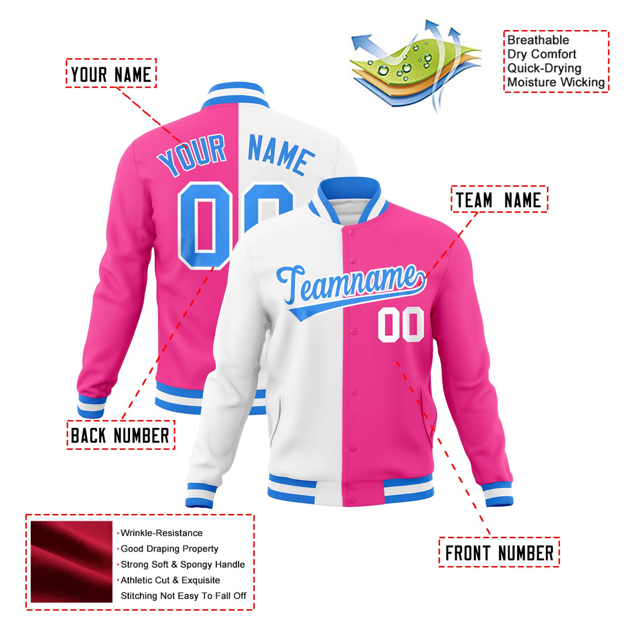 Custom White Pink Blue Bomber Full-Snap Varsity Letterman Split Fashion Jacket