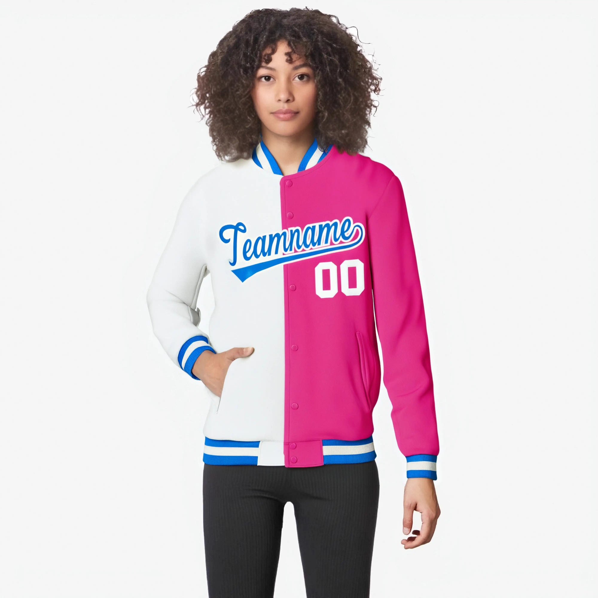 Custom White Pink Blue Bomber Full-Snap Varsity Letterman Split Fashion Jacket