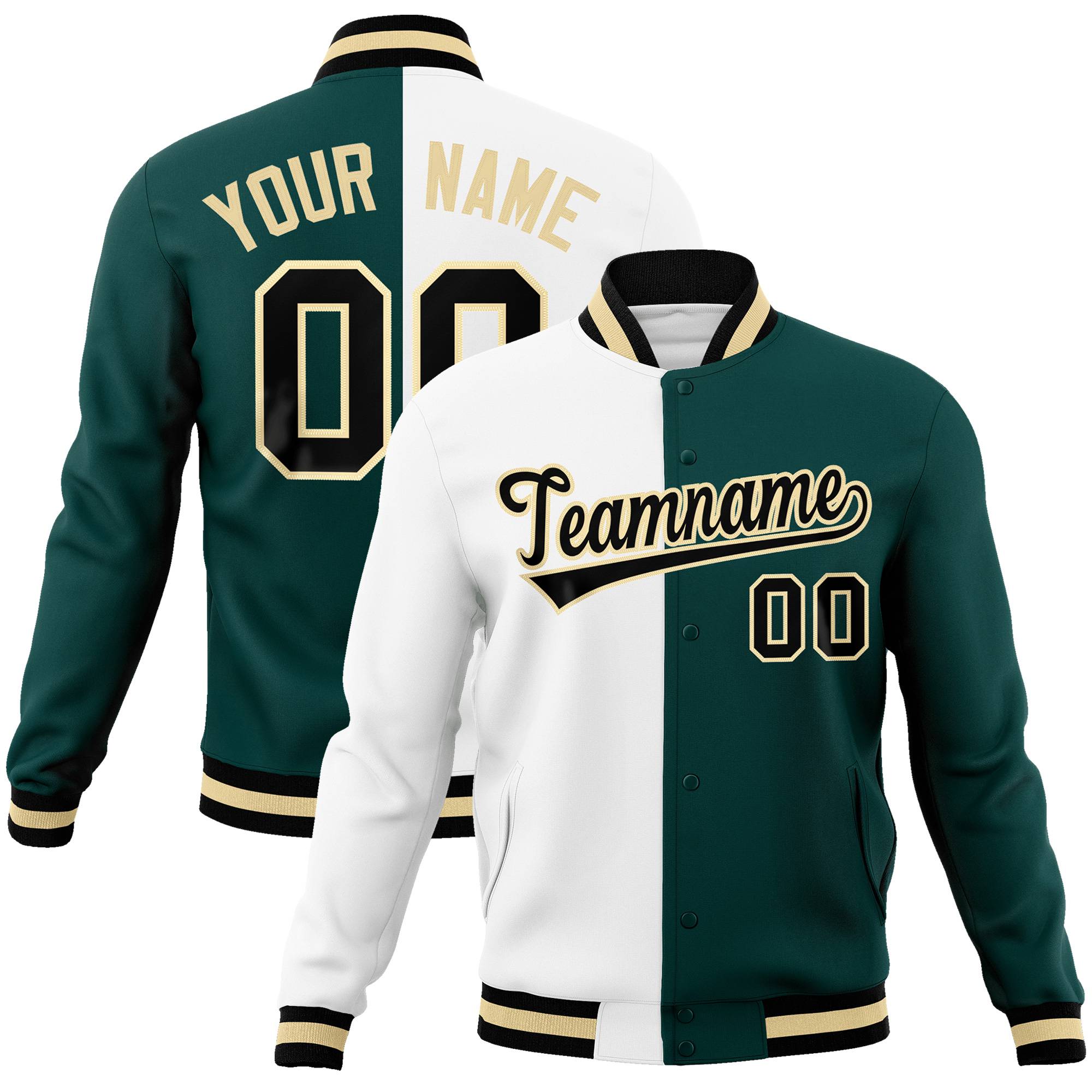 Custom White Midnight-Green Black Bomber Full-Snap Varsity Letterman Split Fashion Jacket