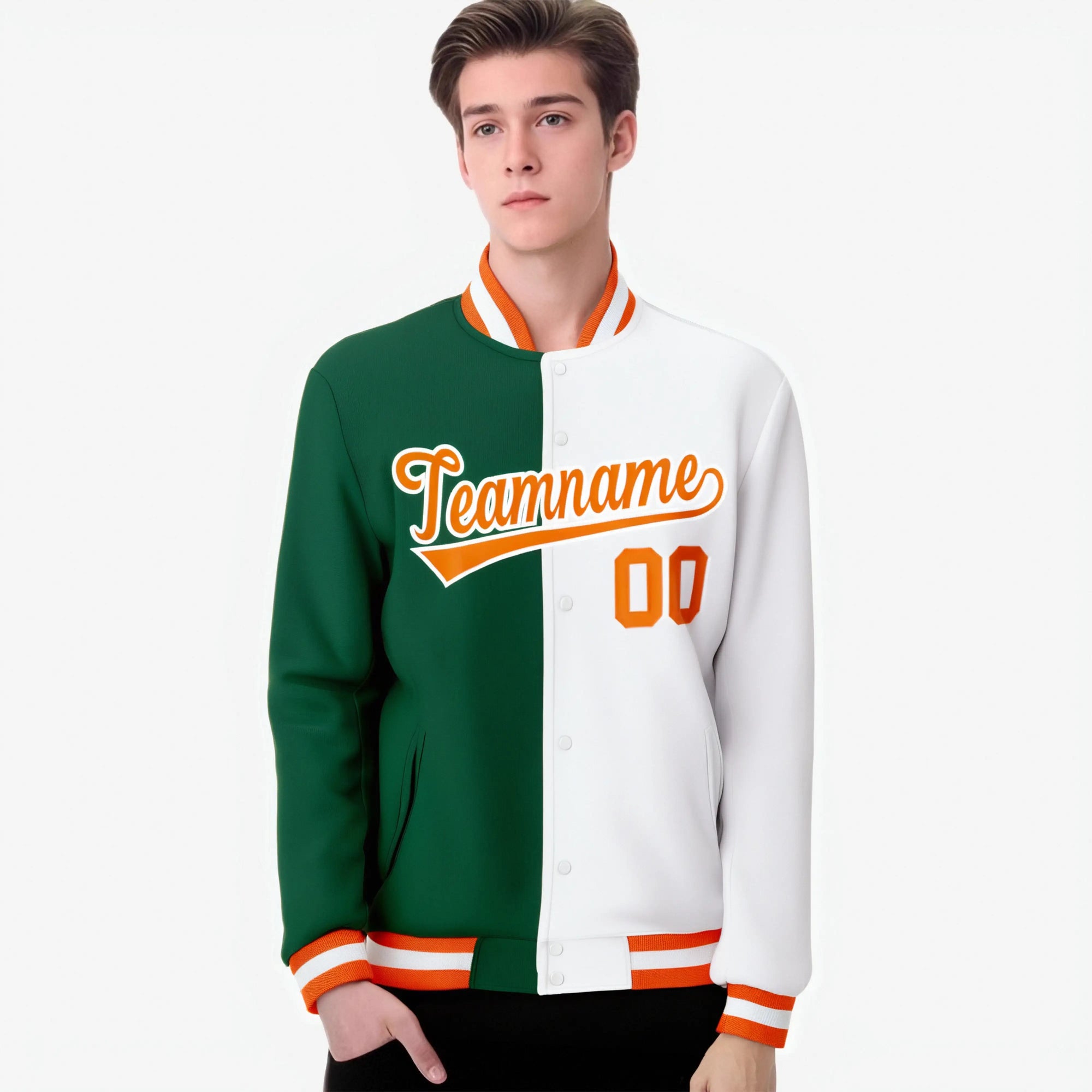 Custom Kelly Green White Orange Bomber Full-Snap Varsity Letterman Split Fashion Jacket