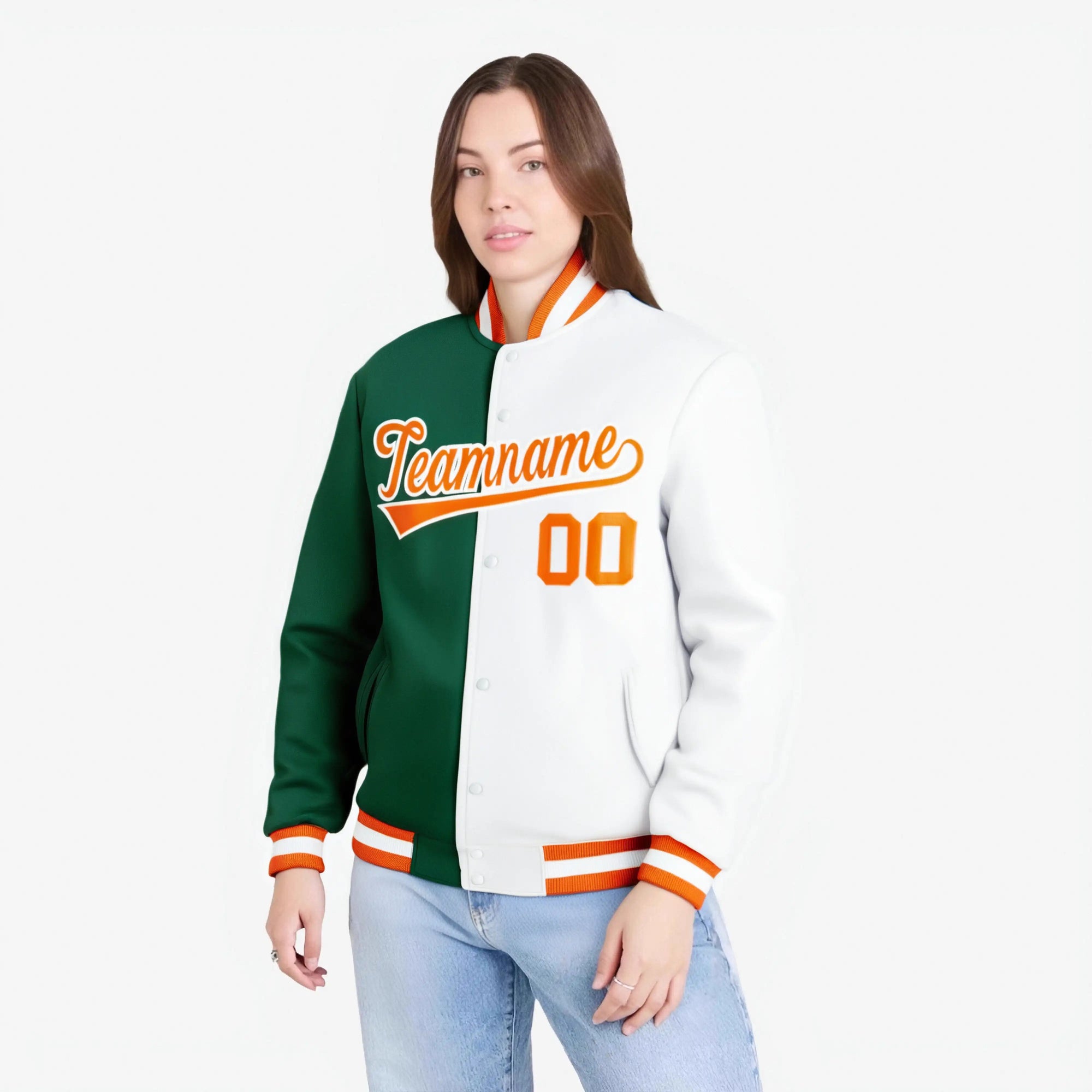 Custom Kelly Green White Orange Bomber Full-Snap Varsity Letterman Split Fashion Jacket