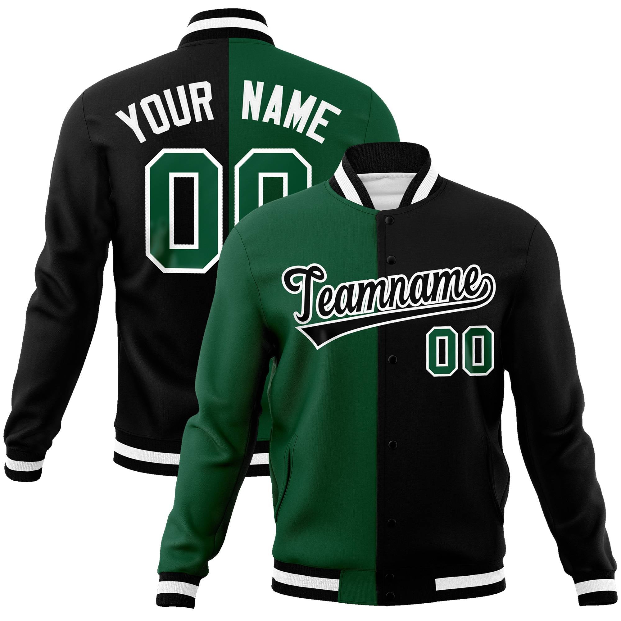 Custom Kelly Green Black White Bomber Full-Snap Varsity Letterman Split Fashion Jacket