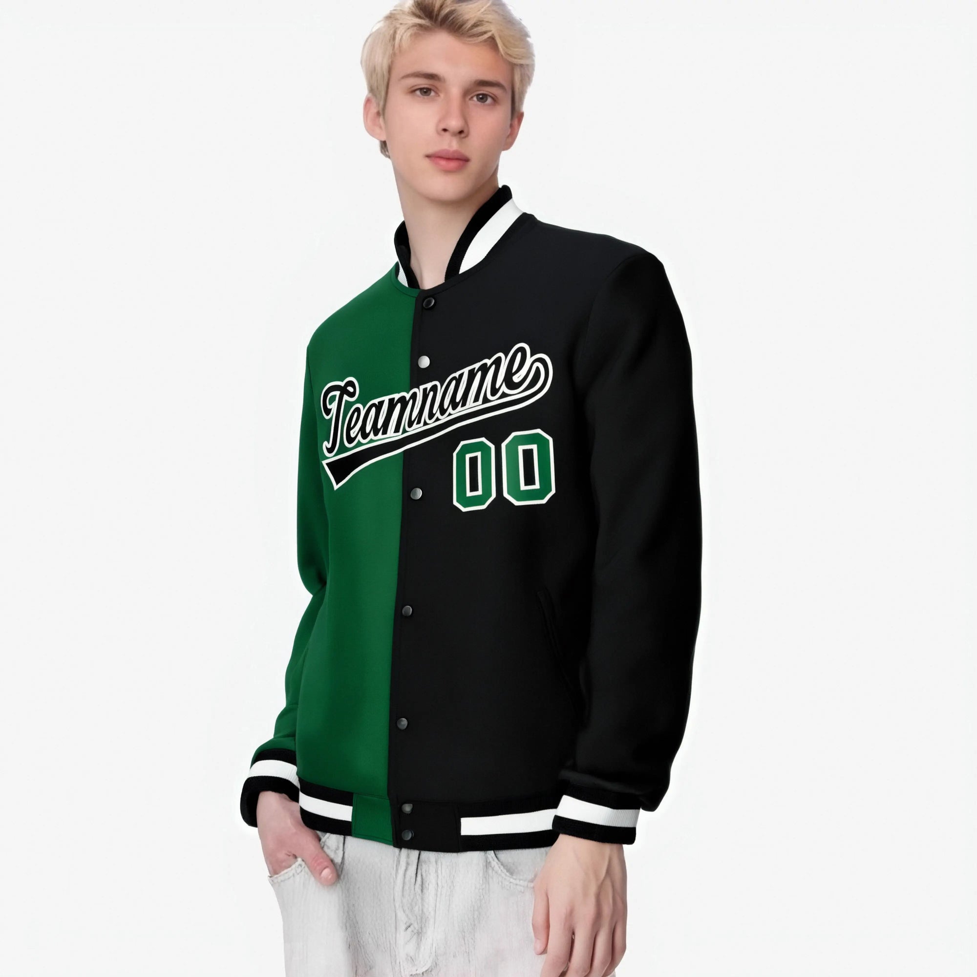 Custom Kelly Green Black White Bomber Full-Snap Varsity Letterman Split Fashion Jacket