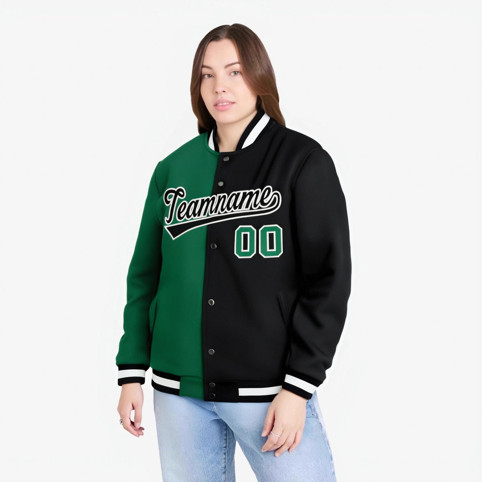 Custom Kelly Green Black White Bomber Full-Snap Varsity Letterman Split Fashion Jacket