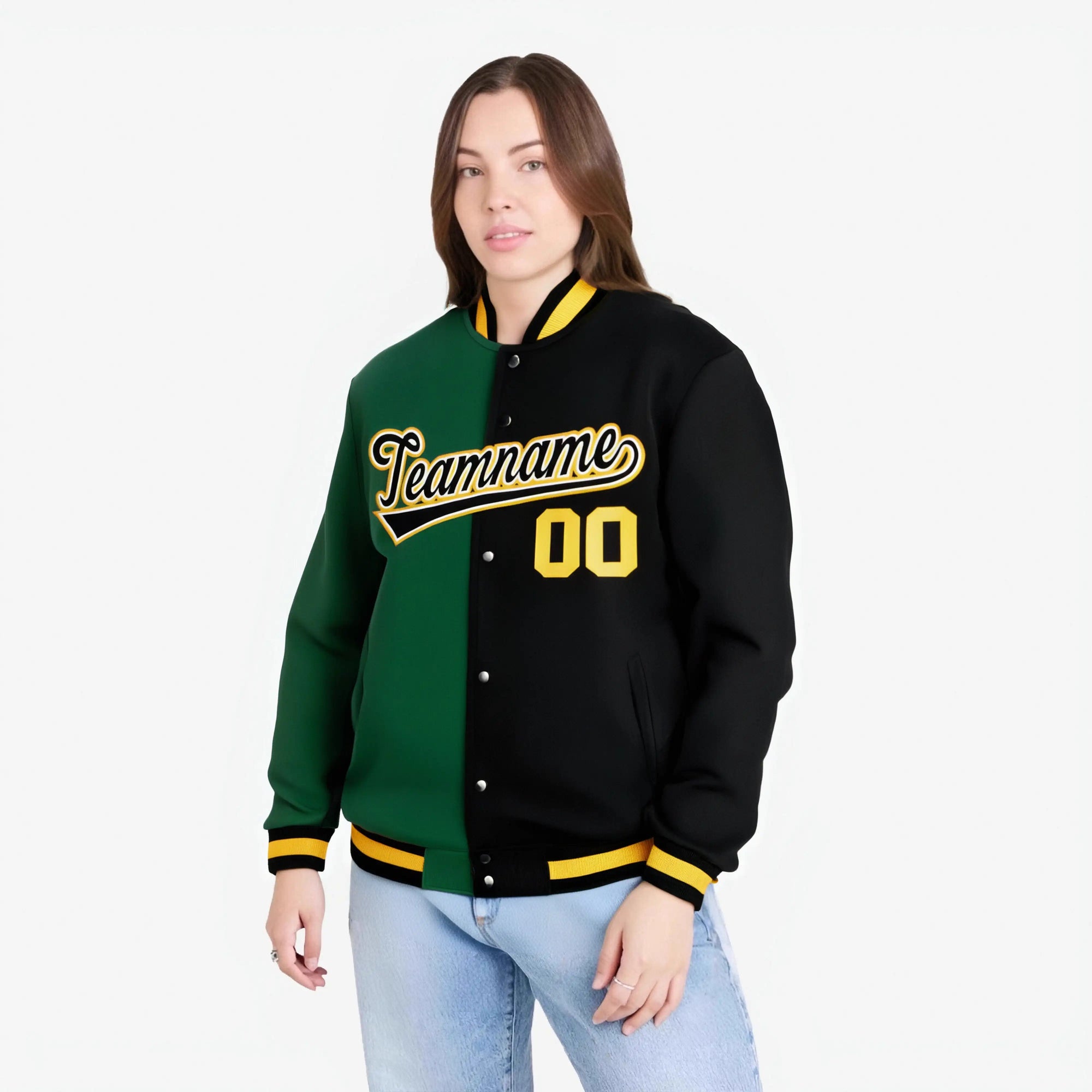 Custom Kelly Green Black Gold Bomber Full-Snap Varsity Letterman Split Fashion Jacket