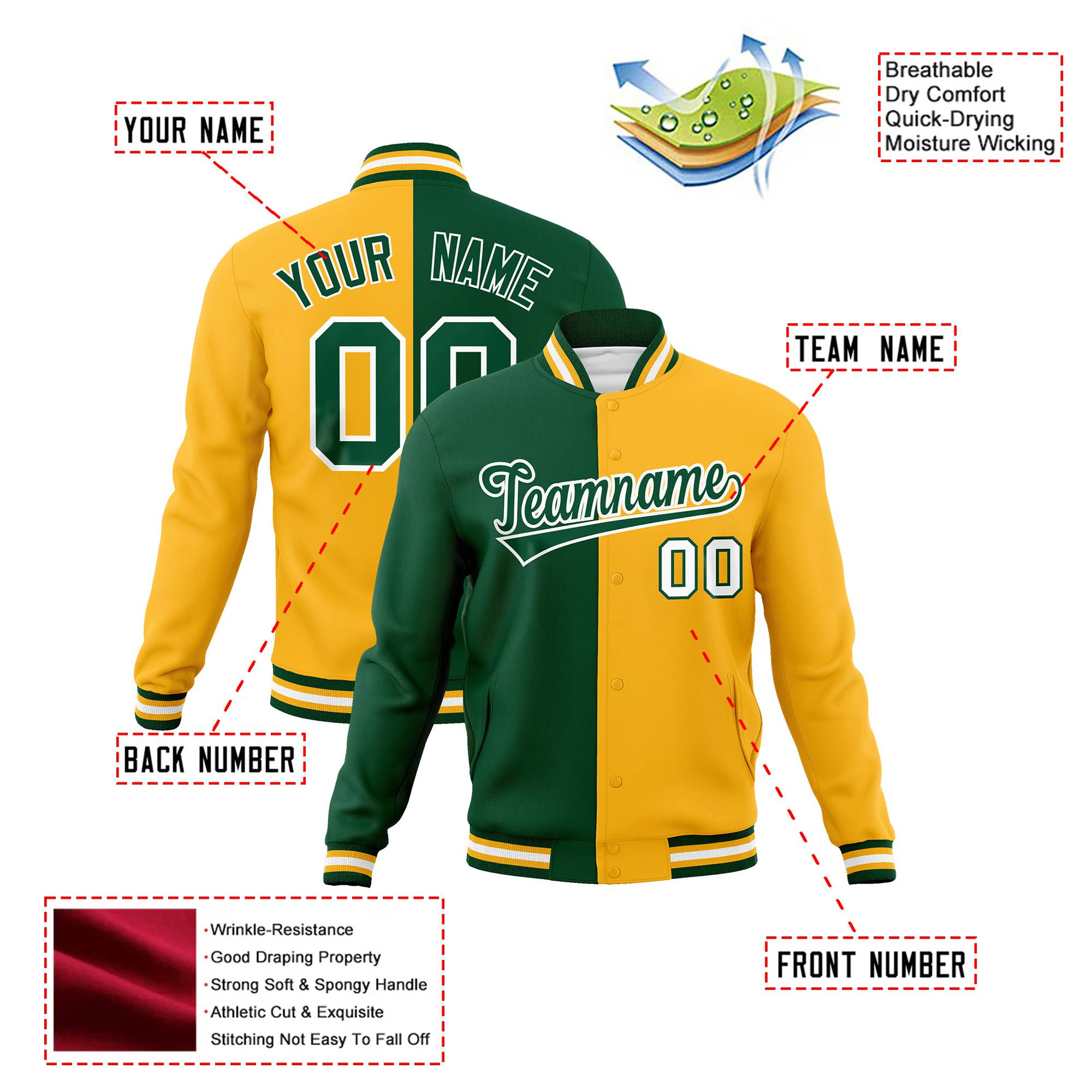 Custom Kelly Green Gold-White Bomber Full-Snap Varsity Letterman Split Fashion Jacket