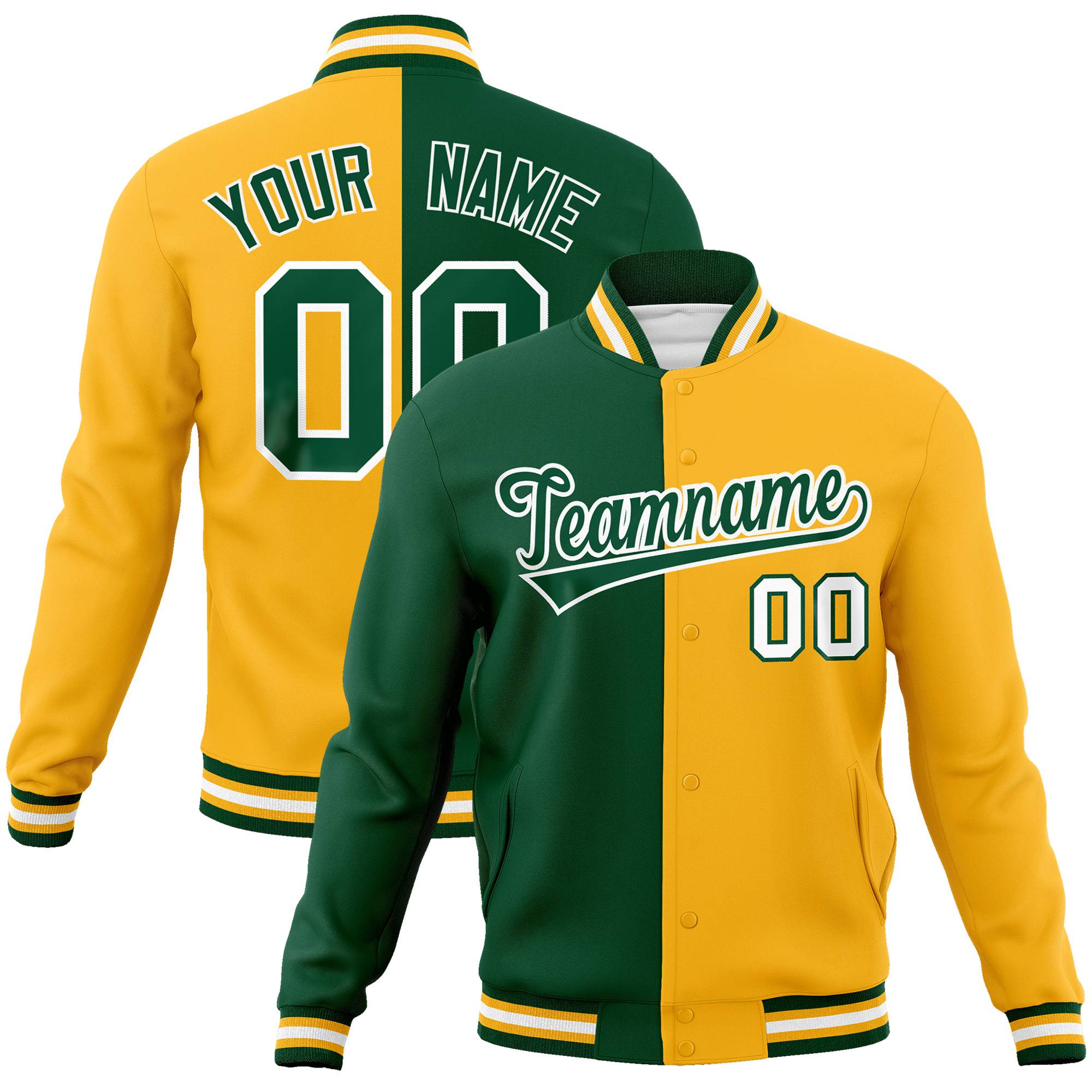 Custom Kelly Green Gold-White Bomber Full-Snap Varsity Letterman Split Fashion Jacket