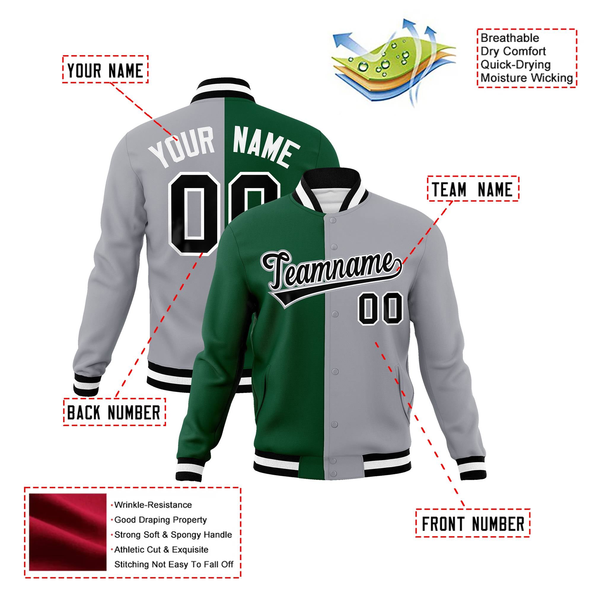 Custom Kelly Green Gray-Black Bomber Full-Snap Varsity Letterman Split Fashion Jacket