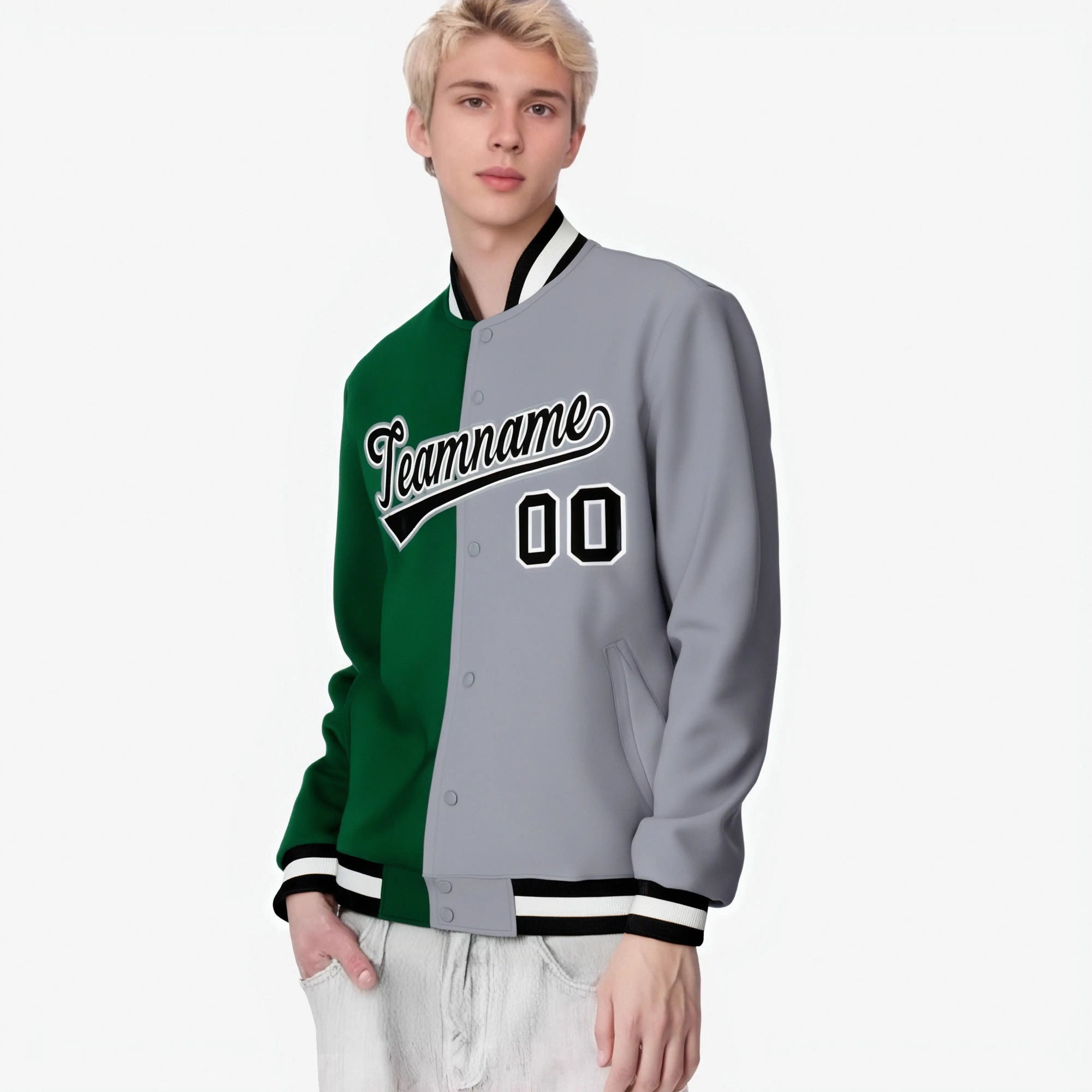 Custom Kelly Green Gray-Black Bomber Full-Snap Varsity Letterman Split Fashion Jacket