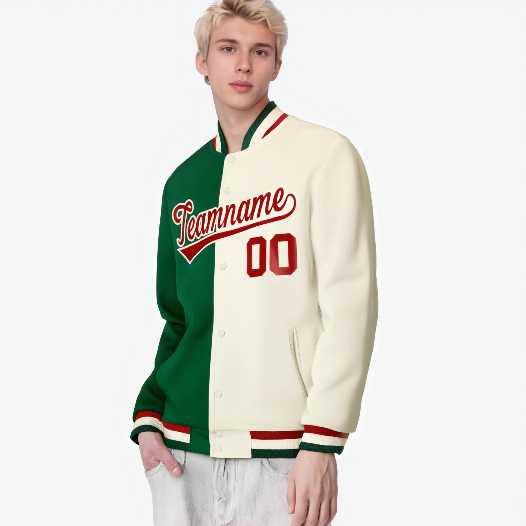 Custom Kelly Green Cream-Red Bomber Full-Snap Varsity Letterman Split Fashion Jacket