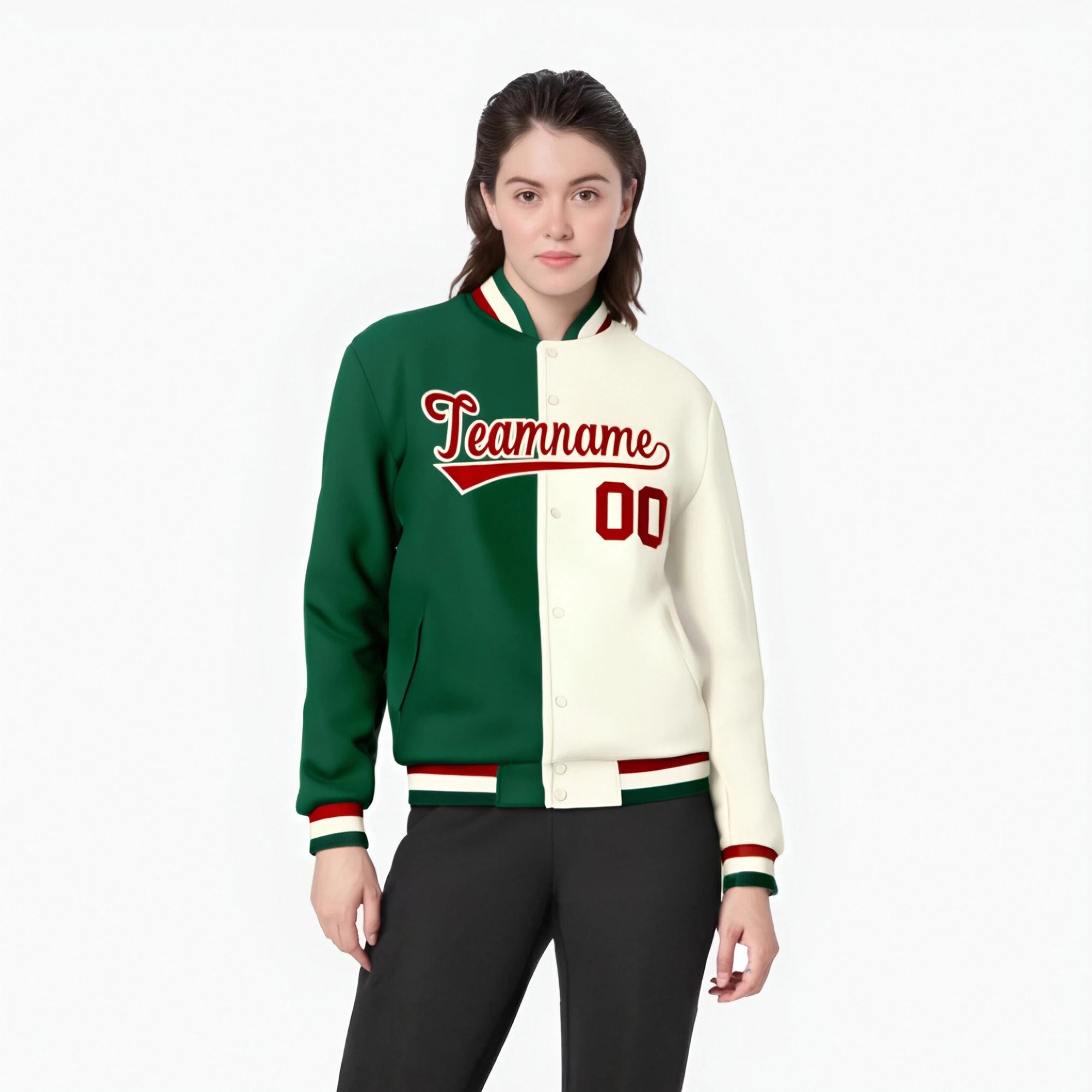 Custom Kelly Green Cream-Red Bomber Full-Snap Varsity Letterman Split Fashion Jacket