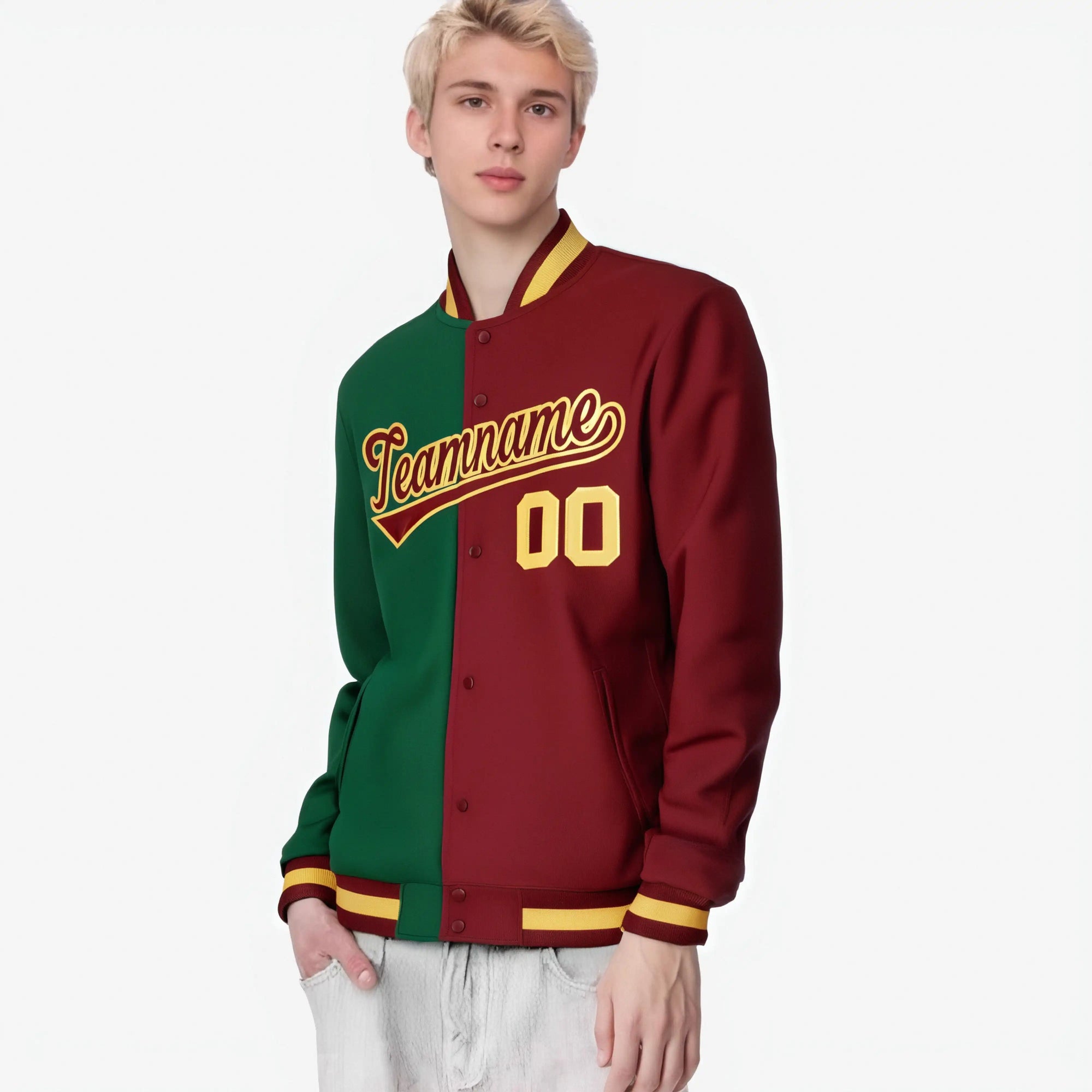 Custom Kelly Green Burgundy-Gold Bomber Full-Snap Varsity Letterman Split Fashion Jacket