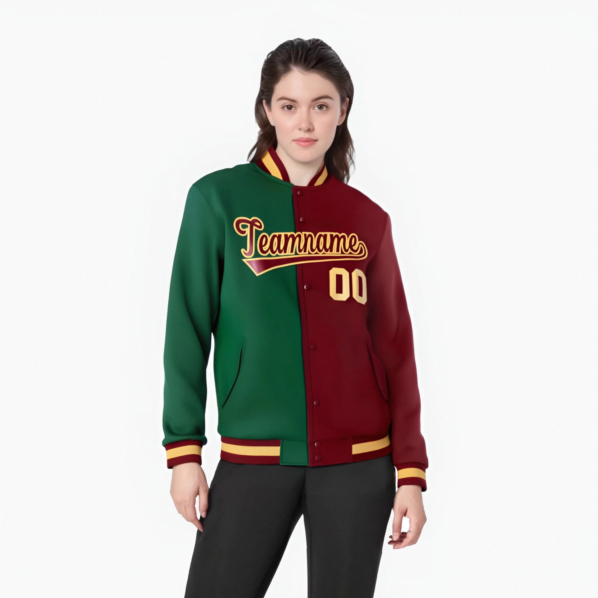 Custom Kelly Green Burgundy-Gold Bomber Full-Snap Varsity Letterman Split Fashion Jacket