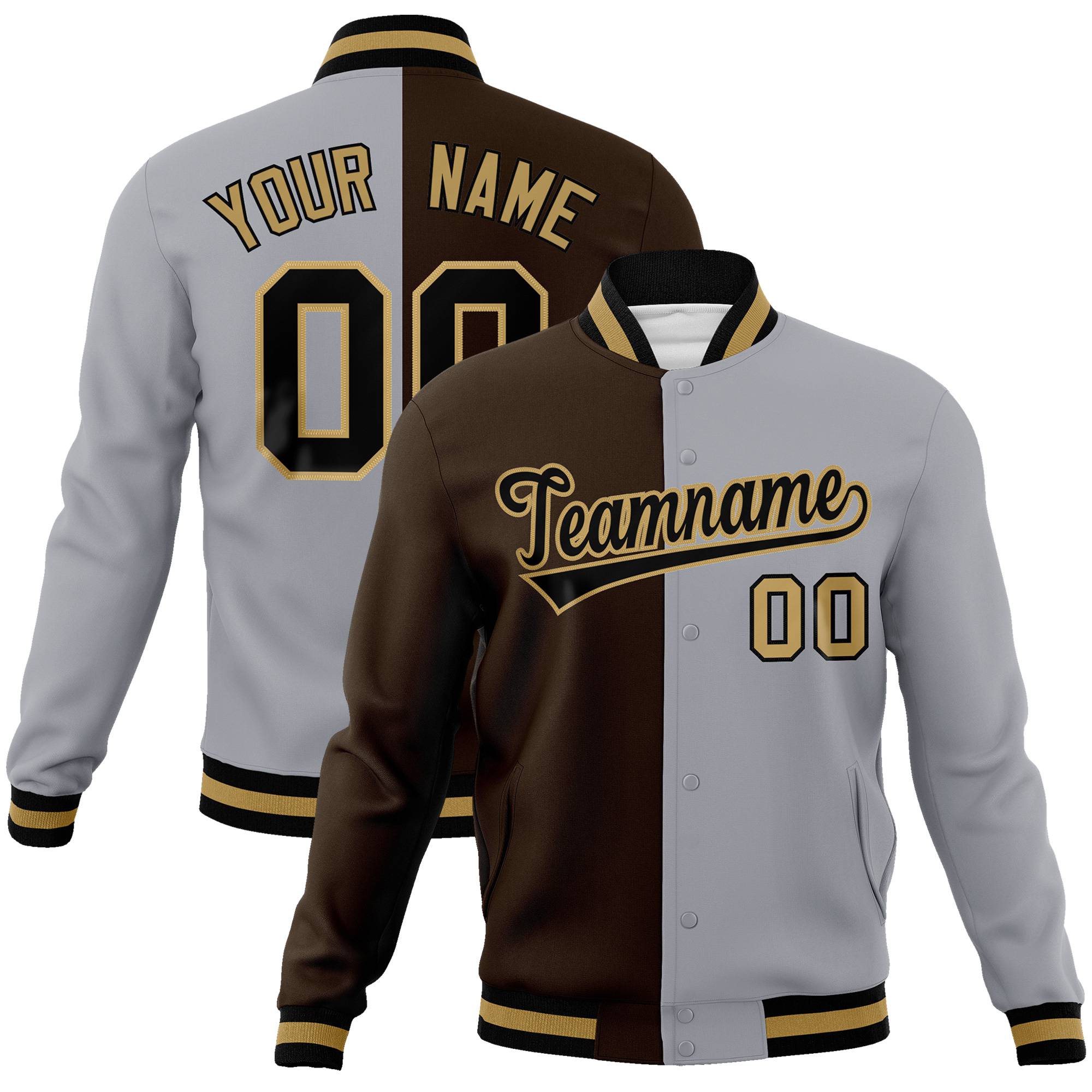 Custom Brown Gray Old-Gold Bomber Full-Snap Varsity Letterman Split Fashion Jacket