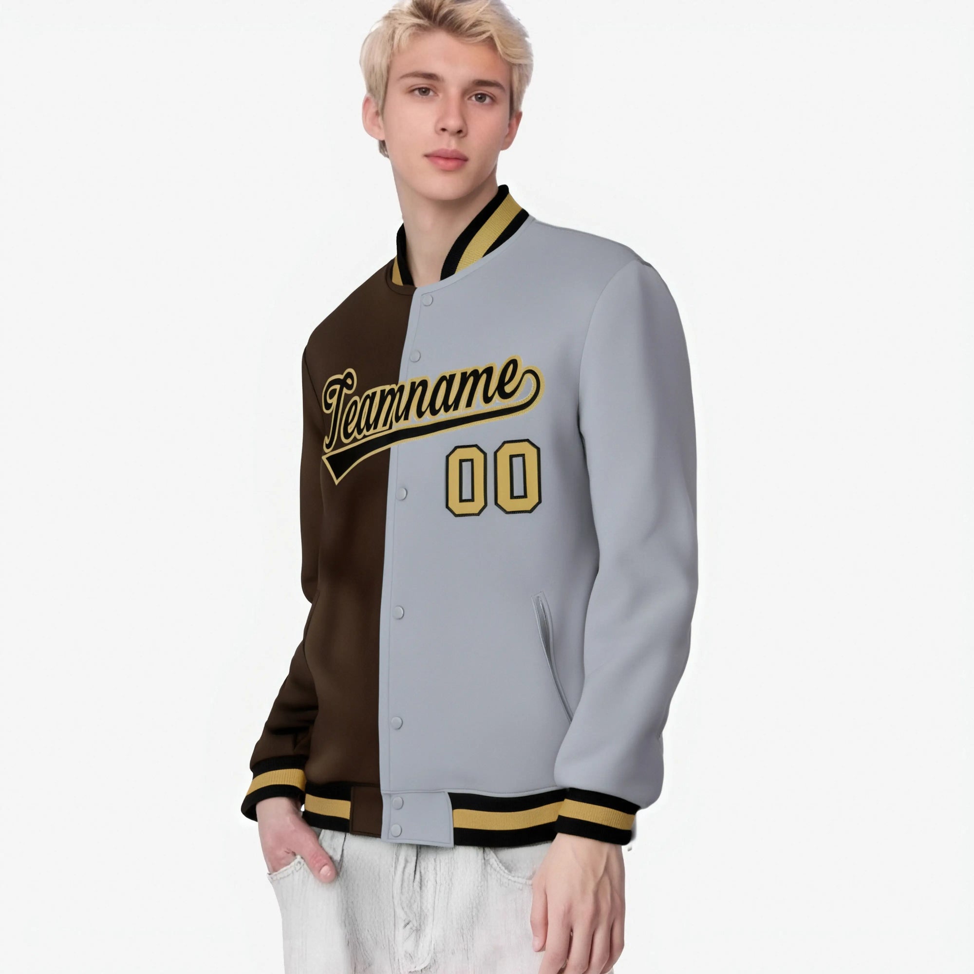 Custom Brown Gray Old-Gold Bomber Full-Snap Varsity Letterman Split Fashion Jacket