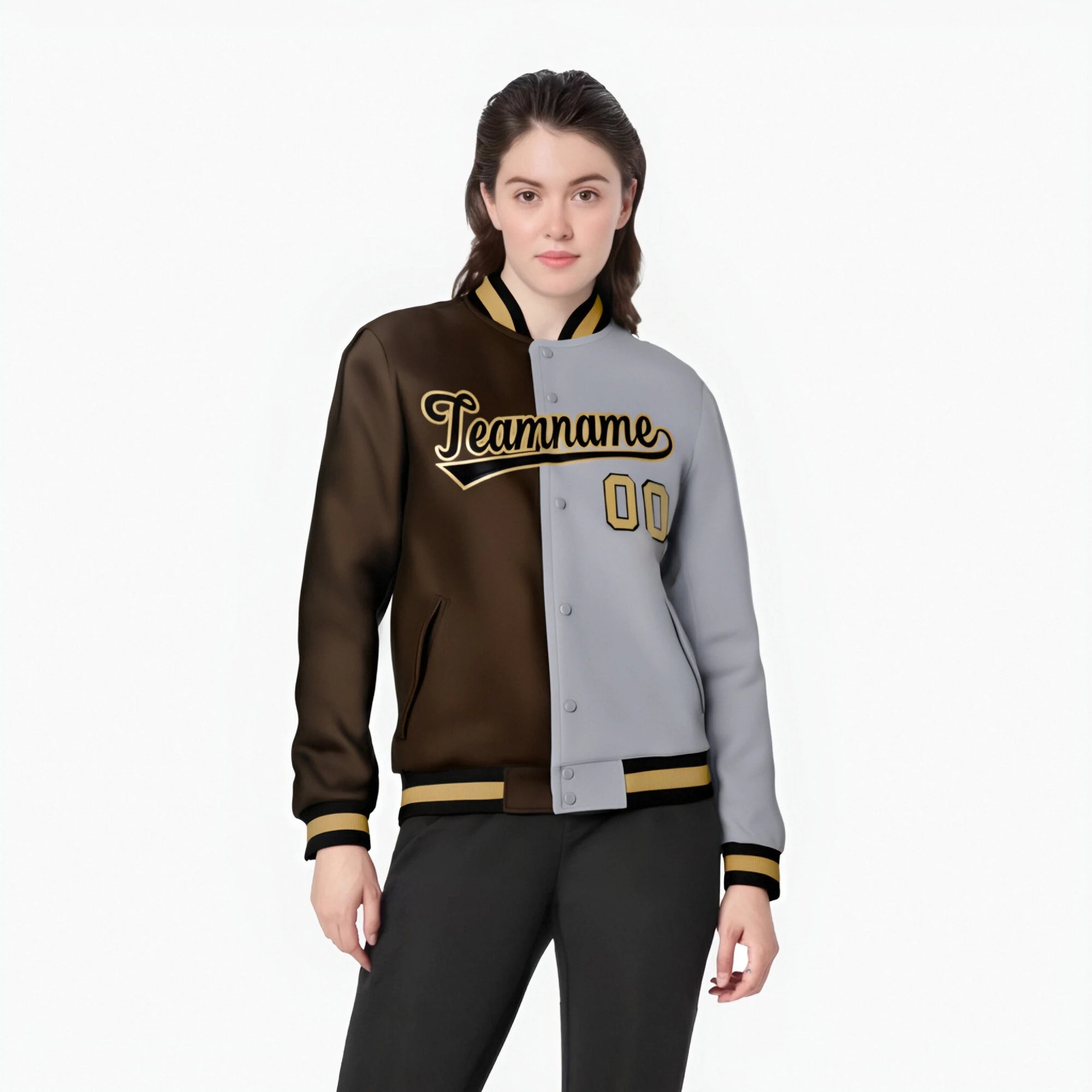 Custom Brown Gray Old-Gold Bomber Full-Snap Varsity Letterman Split Fashion Jacket