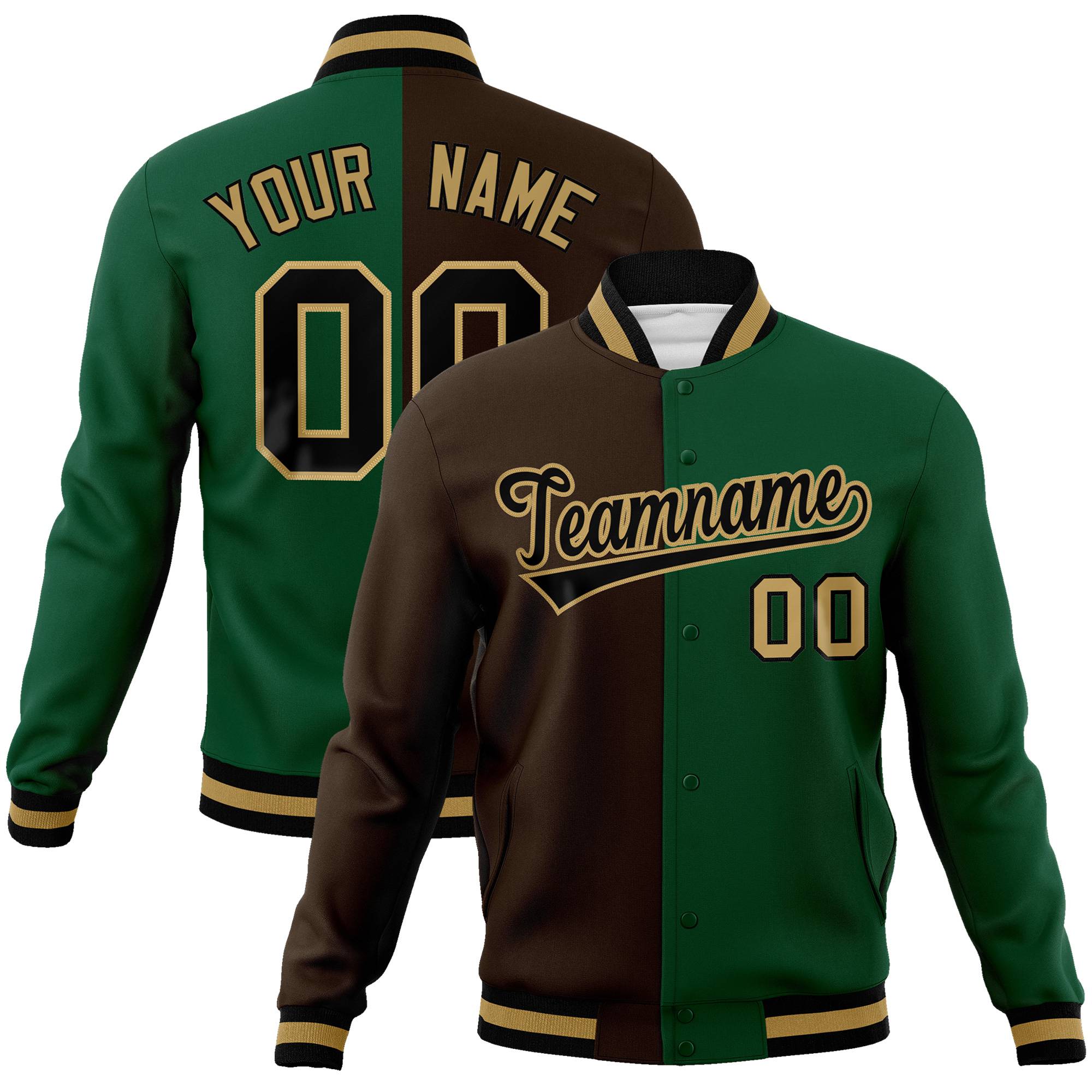 Custom Olive Kelly-Green Old-Gold Bomber Full-Snap Varsity Letterman Split Fashion Jacket