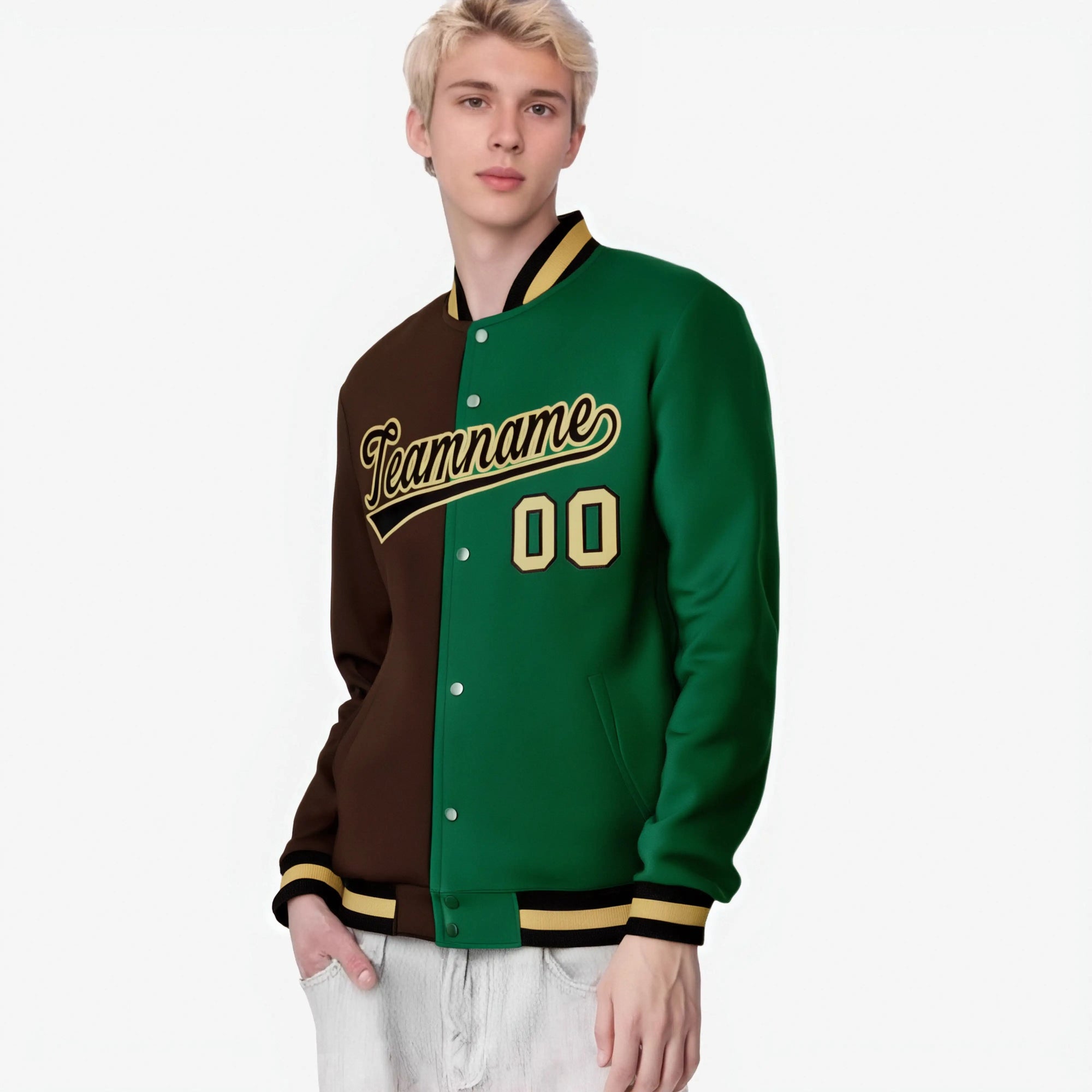 Custom Olive Kelly-Green Old-Gold Bomber Full-Snap Varsity Letterman Split Fashion Jacket