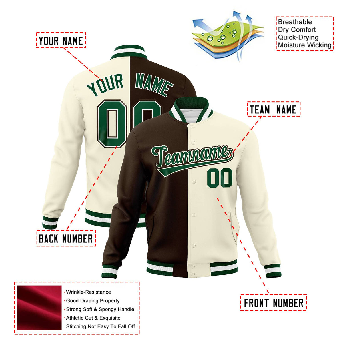 Custom Olive Cream Kelly-Green Bomber Full-Snap Varsity Letterman Split Fashion Jacket