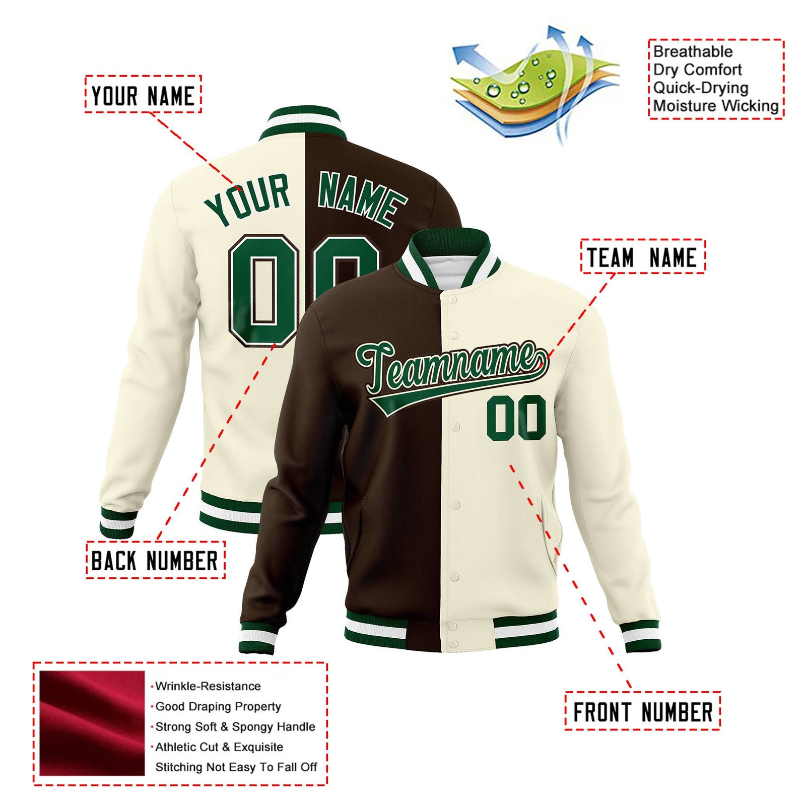 Custom Olive Cream Kelly-Green Bomber Full-Snap Varsity Letterman Split Fashion Jacket