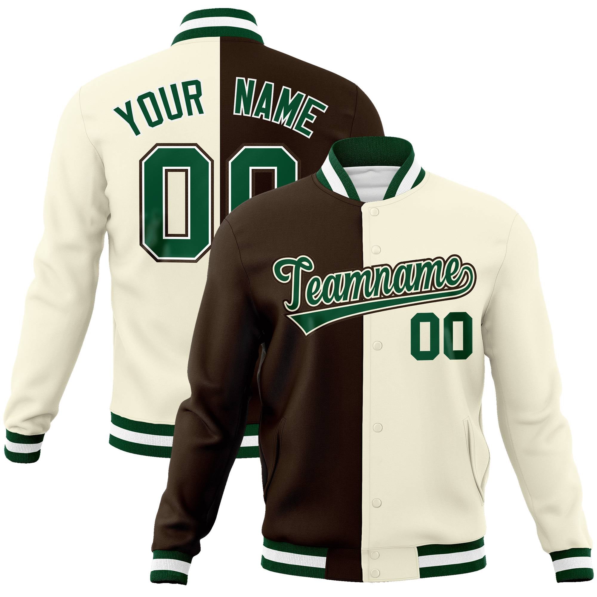 Custom Olive Cream Kelly-Green Bomber Full-Snap Varsity Letterman Split Fashion Jacket