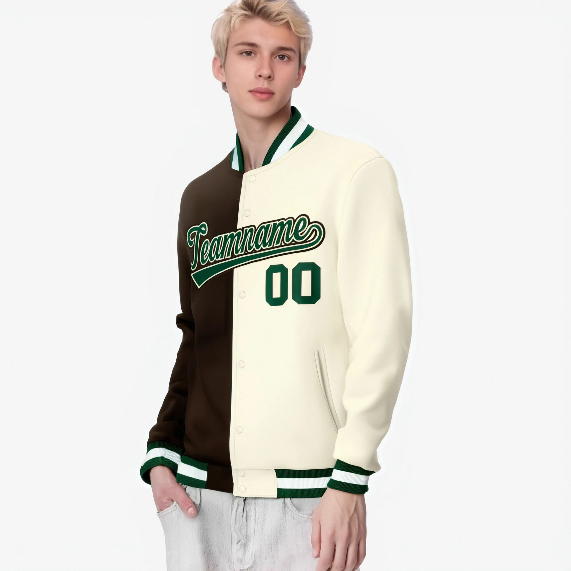 Custom Olive Cream Kelly-Green Bomber Full-Snap Varsity Letterman Split Fashion Jacket