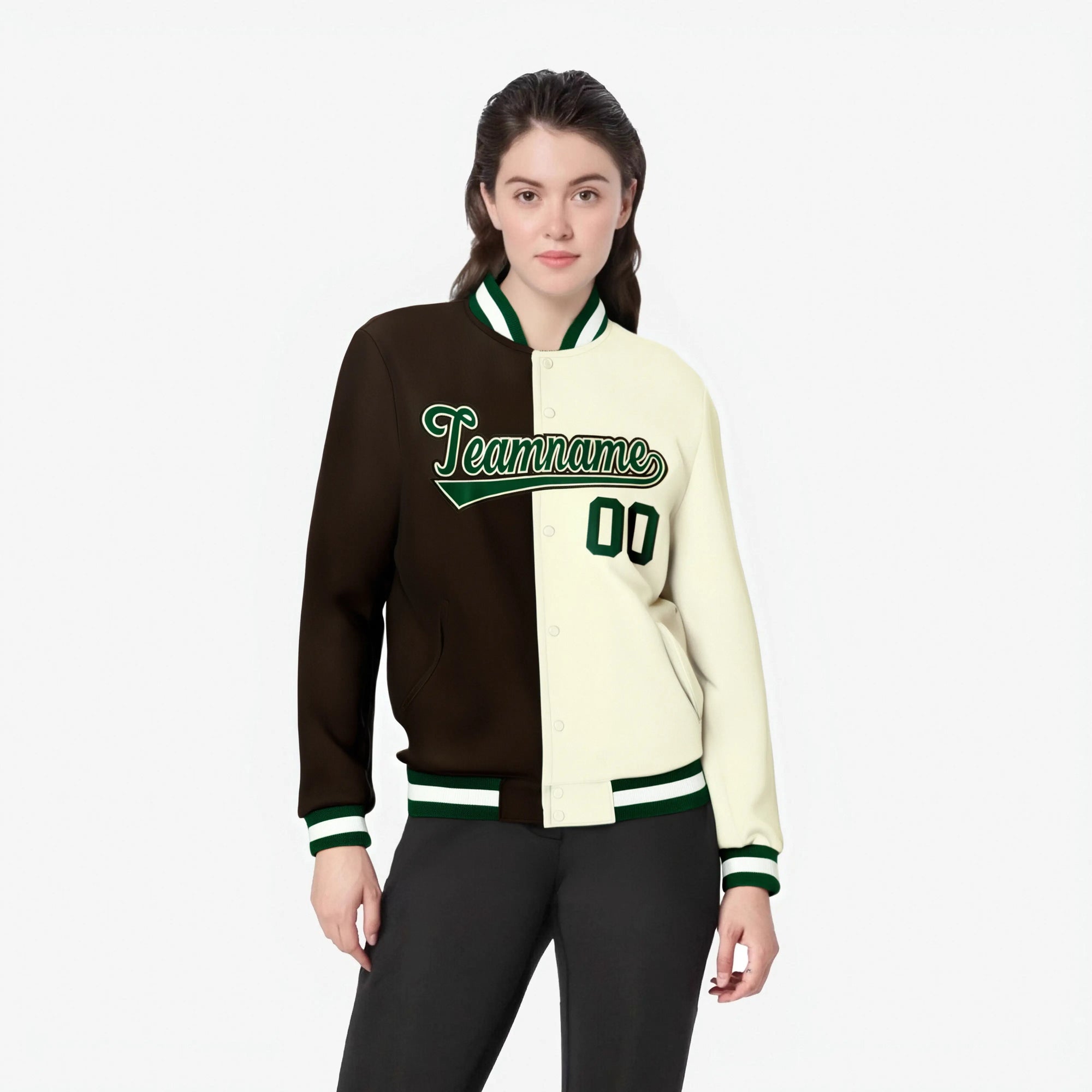 Custom Olive Cream Kelly-Green Bomber Full-Snap Varsity Letterman Split Fashion Jacket