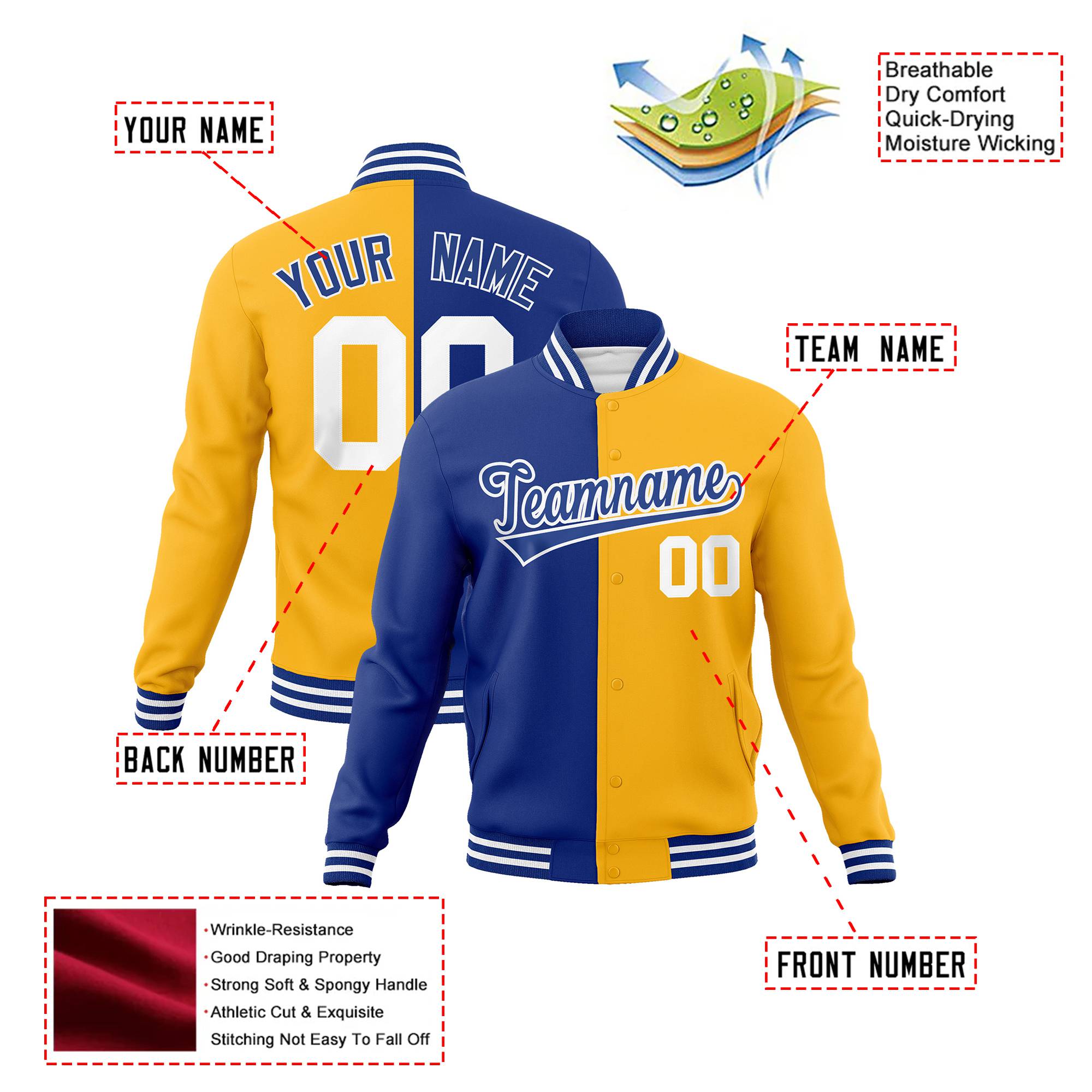 Custom Thunder-Blue Yellow White Bomber Full-Snap Varsity Letterman Split Fashion Jacket