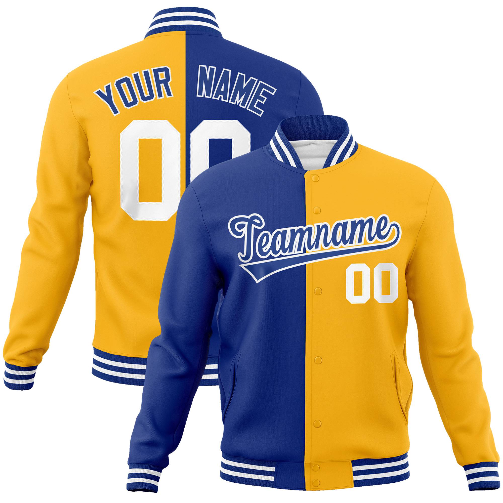 Custom Thunder-Blue Yellow White Bomber Full-Snap Varsity Letterman Split Fashion Jacket