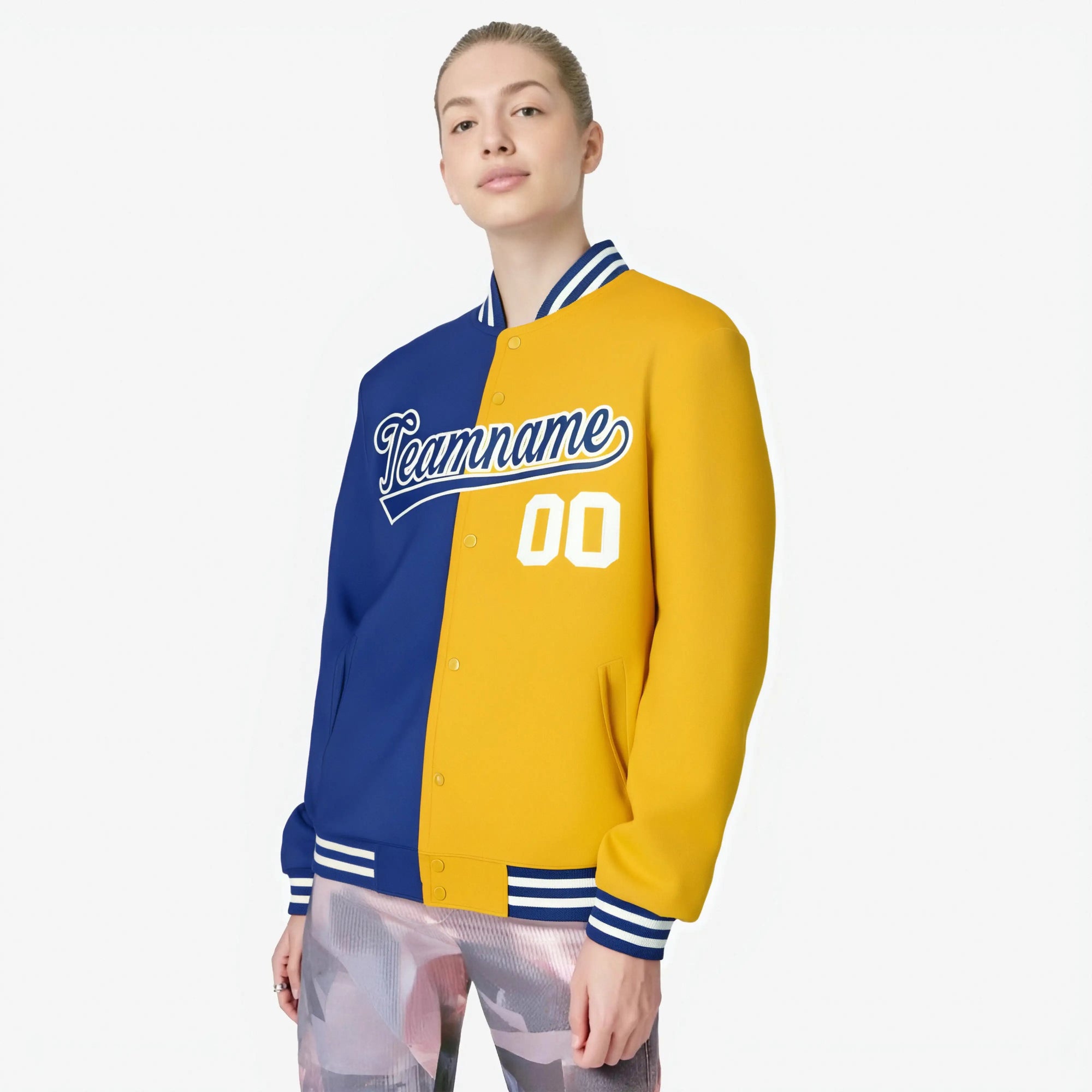 Custom Thunder-Blue Yellow White Bomber Full-Snap Varsity Letterman Split Fashion Jacket