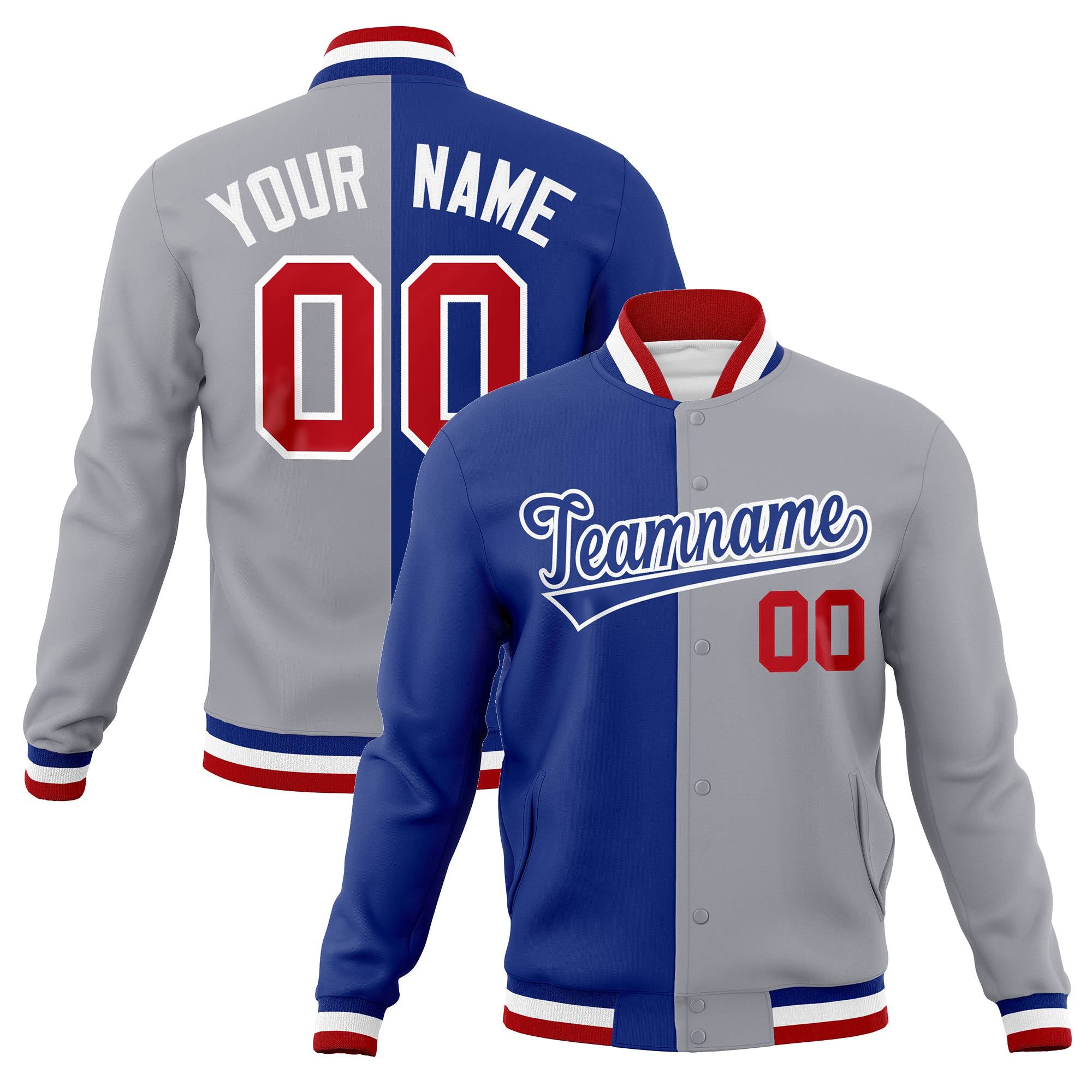 Custom Thunder-Blue Gray Red Bomber Full-Snap Varsity Letterman Split Fashion Jacket