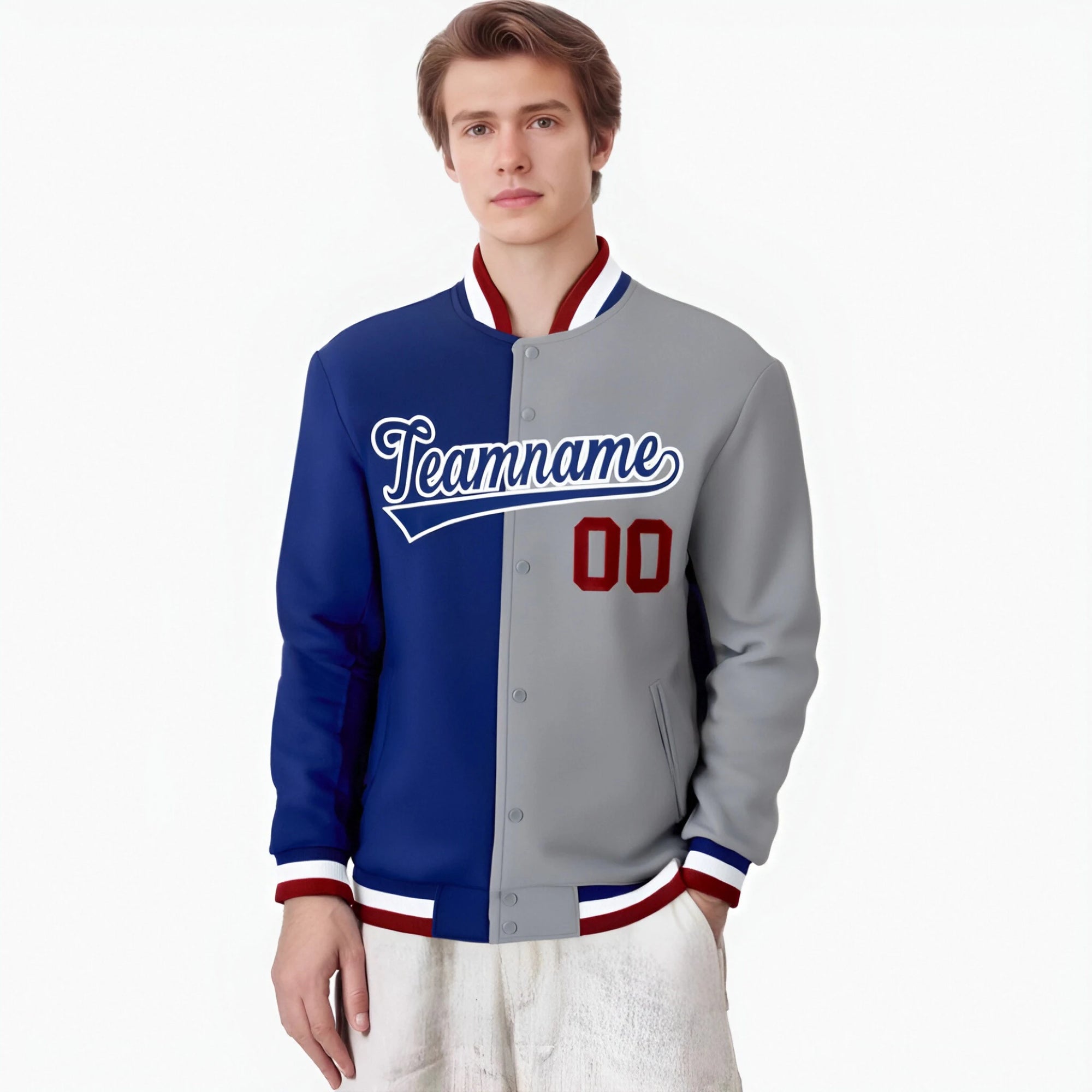 Custom Thunder-Blue Gray Red Bomber Full-Snap Varsity Letterman Split Fashion Jacket