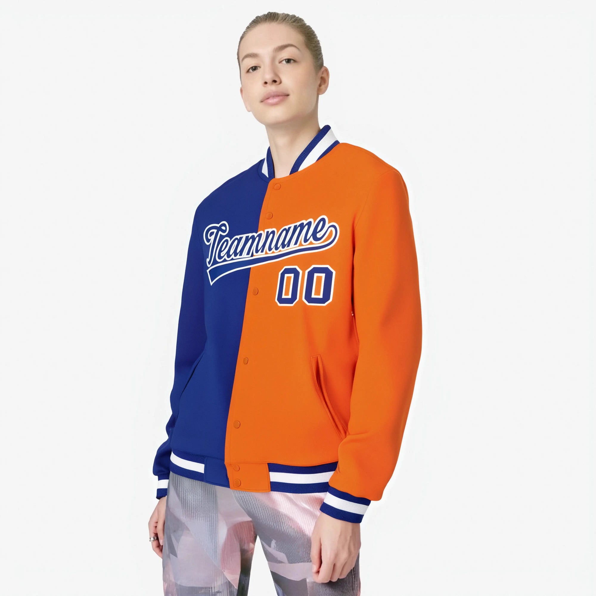 Custom Thunder-Blue Orange White Bomber Full-Snap Varsity Letterman Split Fashion Jacket